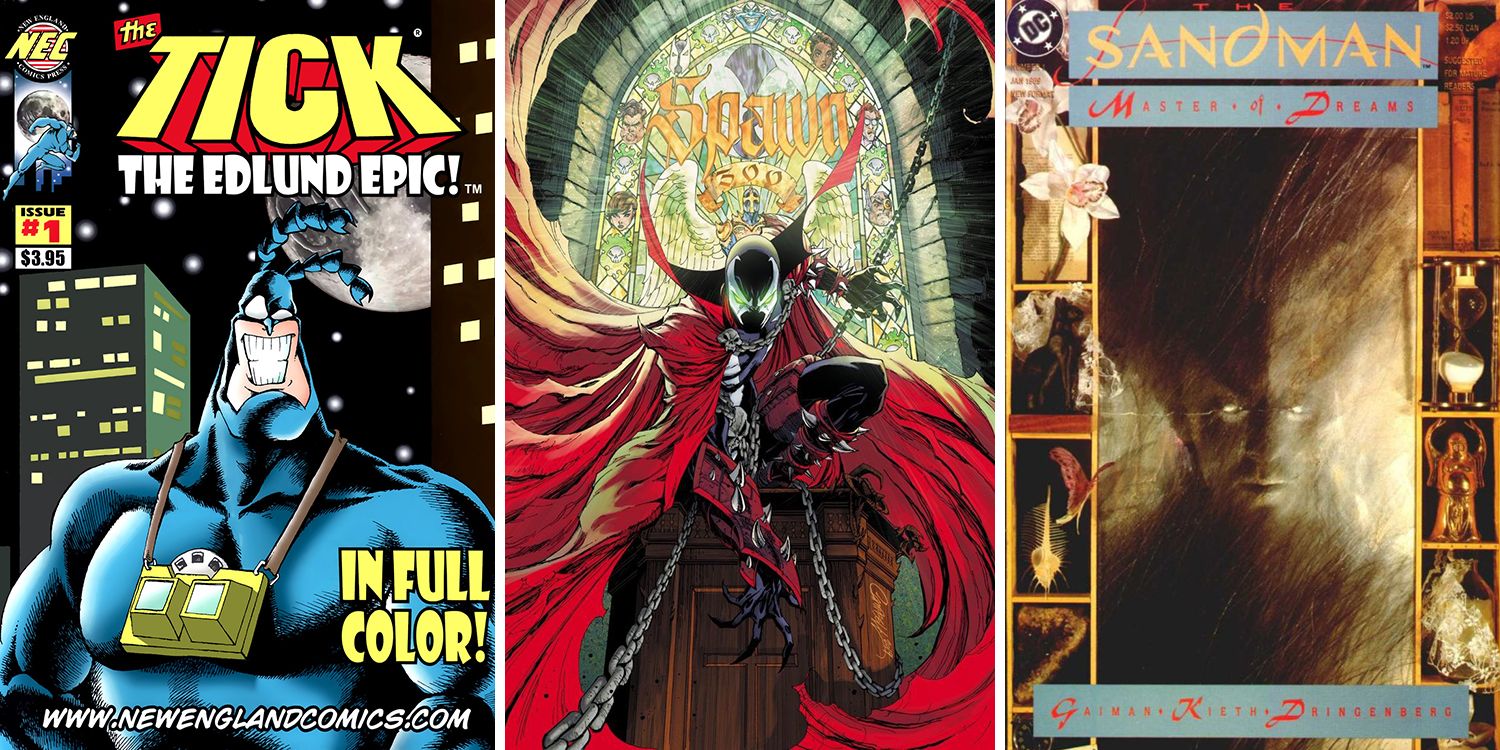 Comic book covers from The Tick, Spawn, and The Sandman side by side