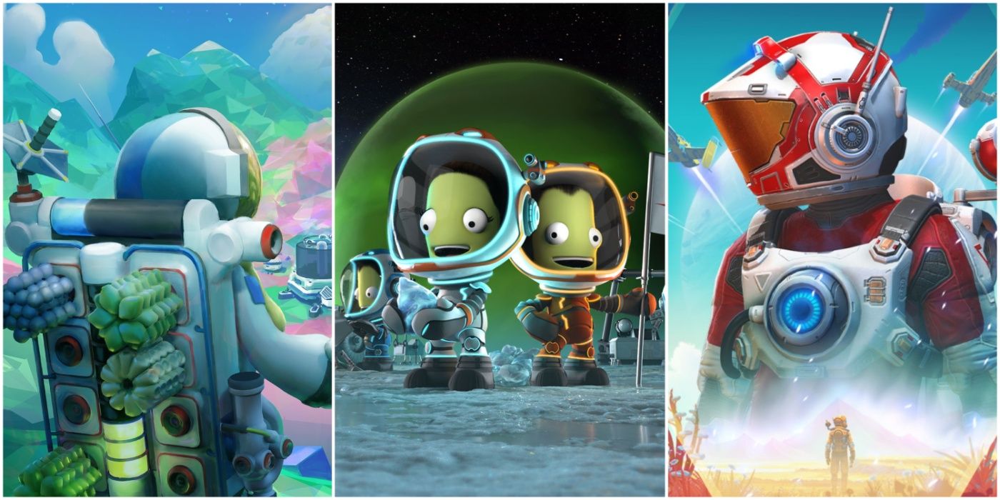 A split image showing Astroneer, Kebal Space Program, and No Man's Sky sci-fi sandbox games