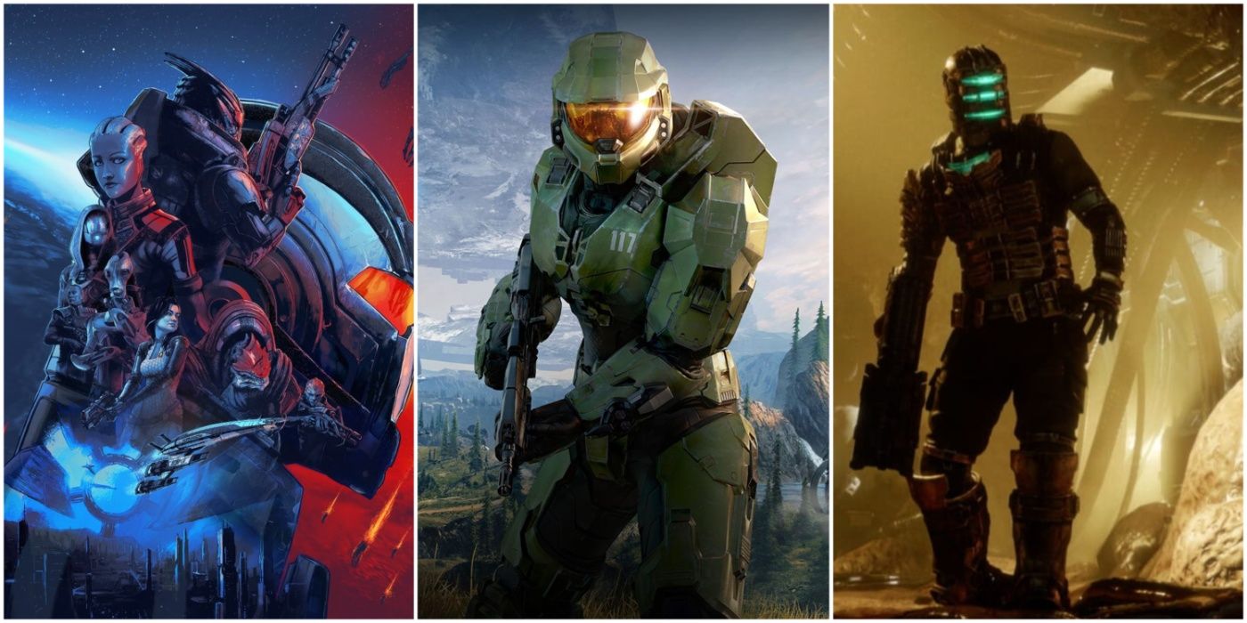 A split image showing Mass Effect, Halo, and Dead Space science fiction video games