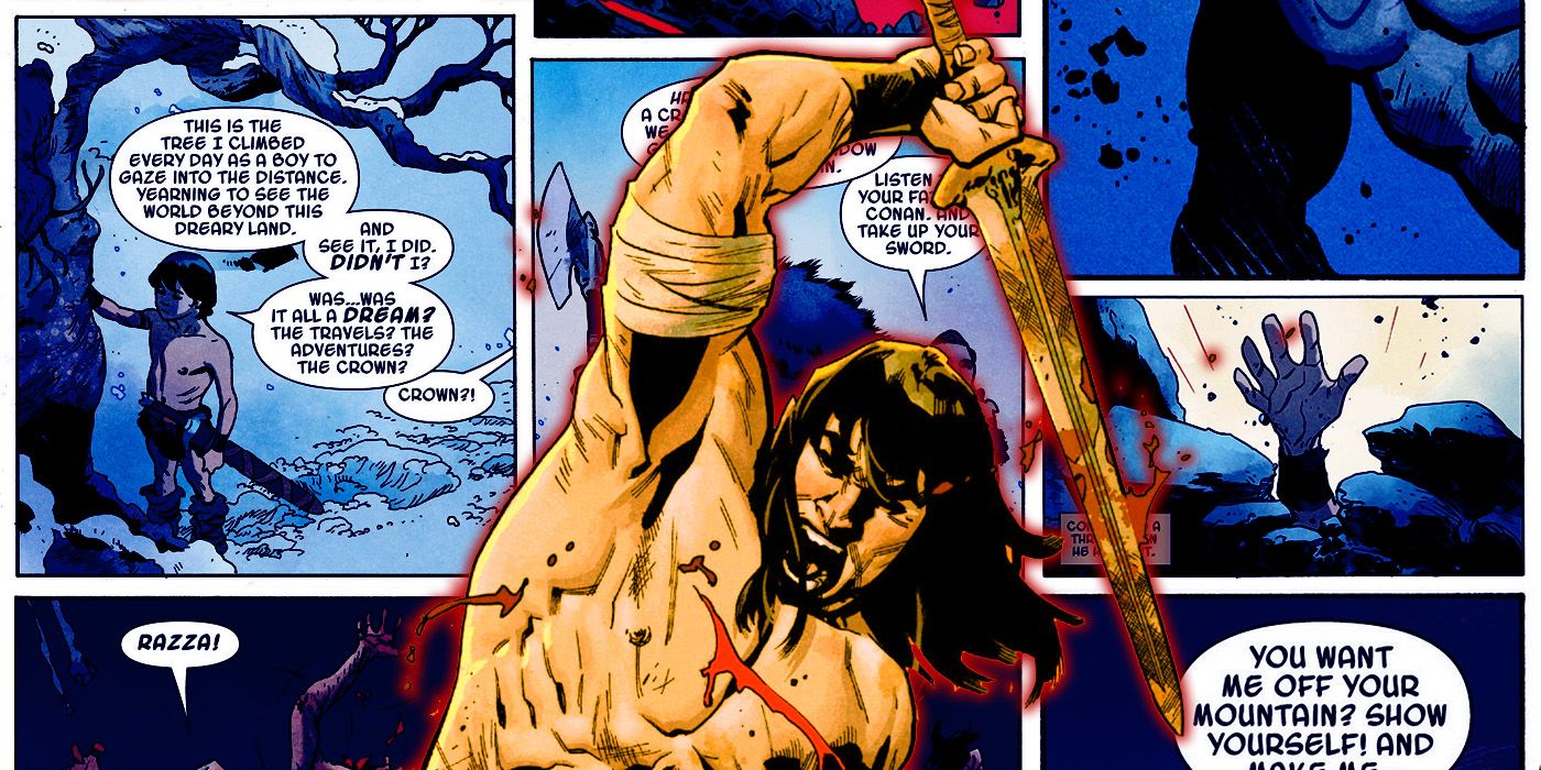 Conan raising a bloody sword in front of comic book panels. 