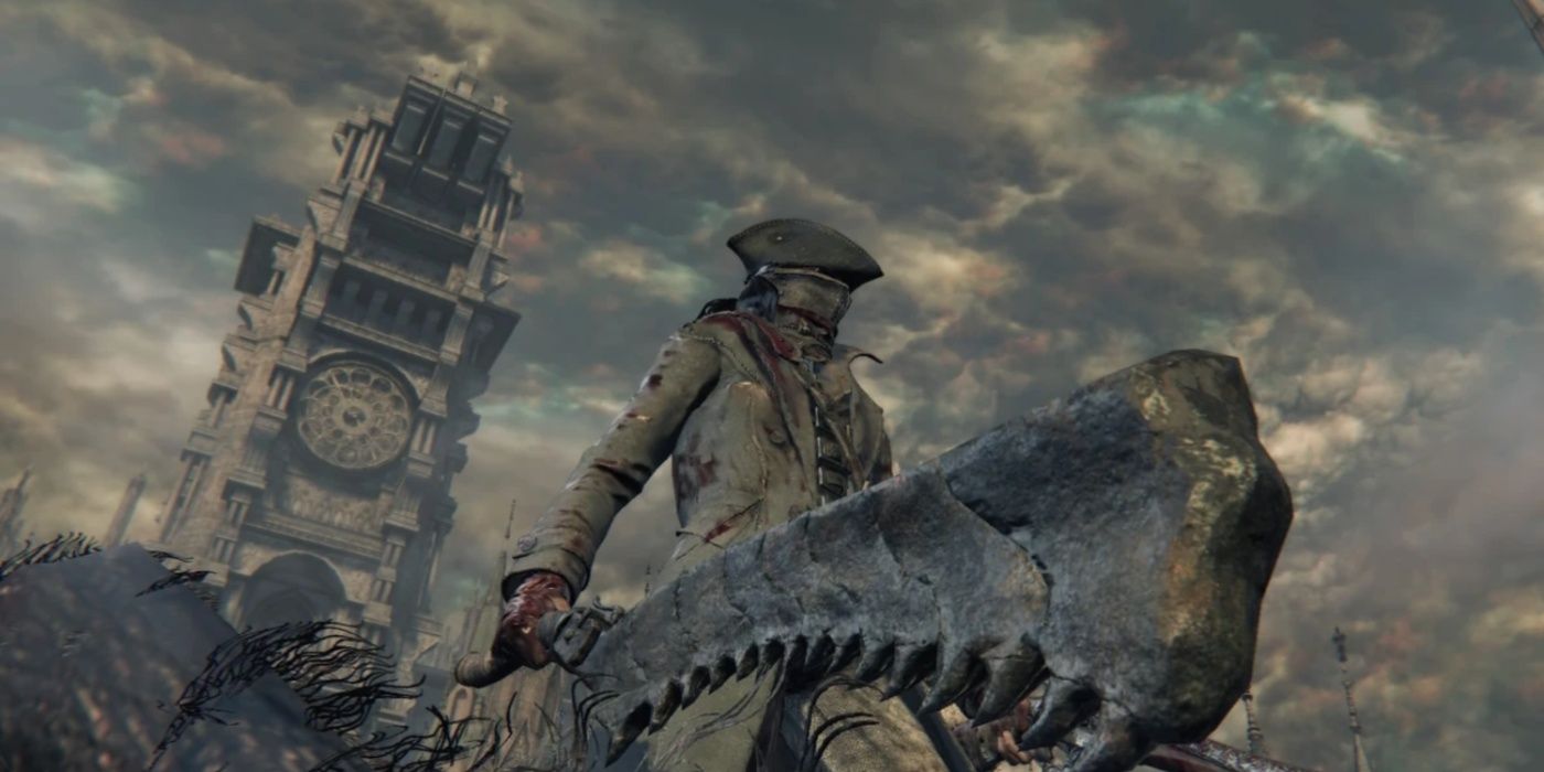 The Hunter in Bloodborne wielding the Beast Cutter in its cleaver/sword form.