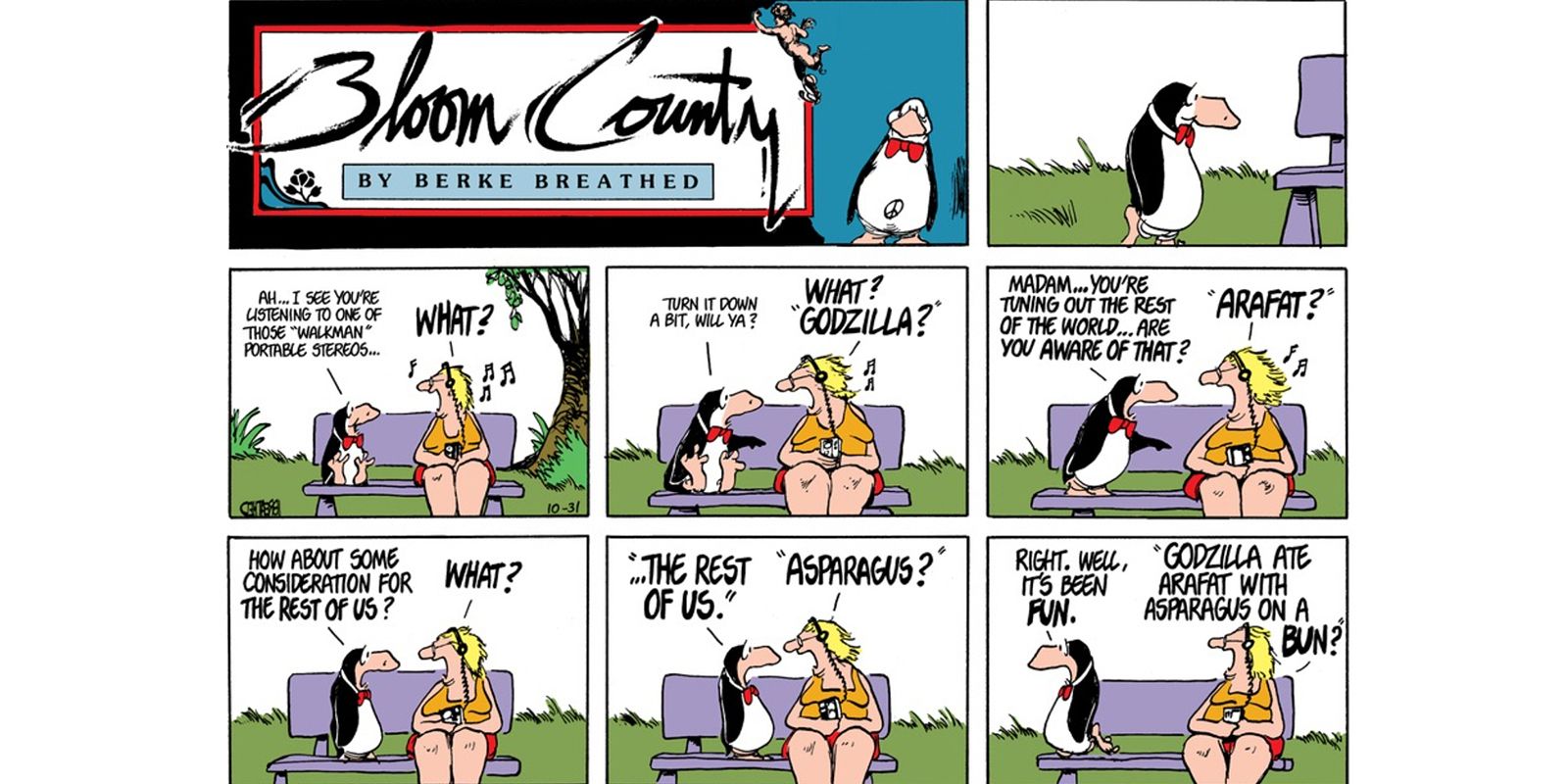 Opus tenta falar com uma mulher usando fones de ouvido nos quadrinhos de Bloom County