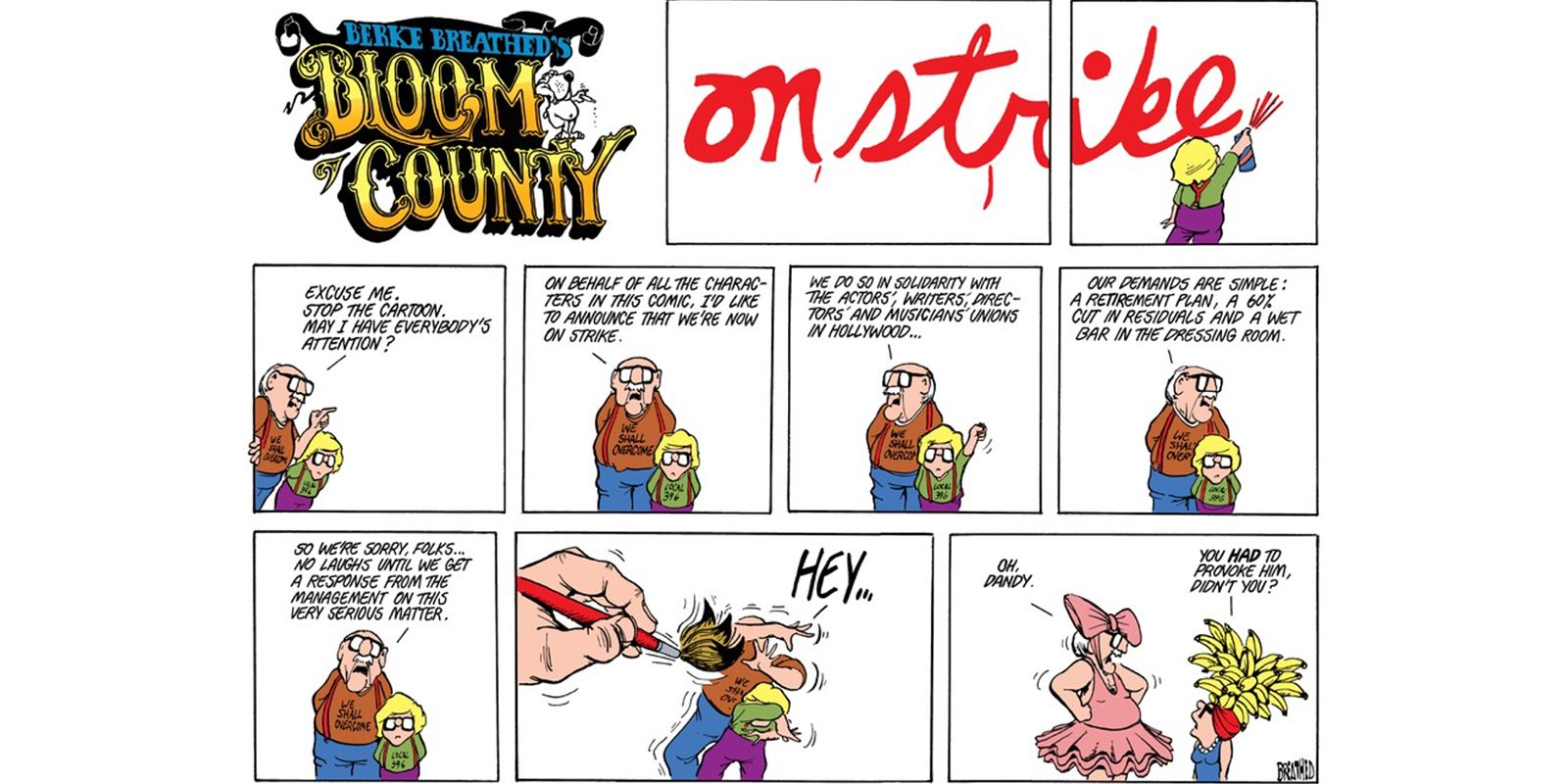 Milo e seu avô apoiam a greve dos roteiristas de 1981 nos quadrinhos do condado de Bloom