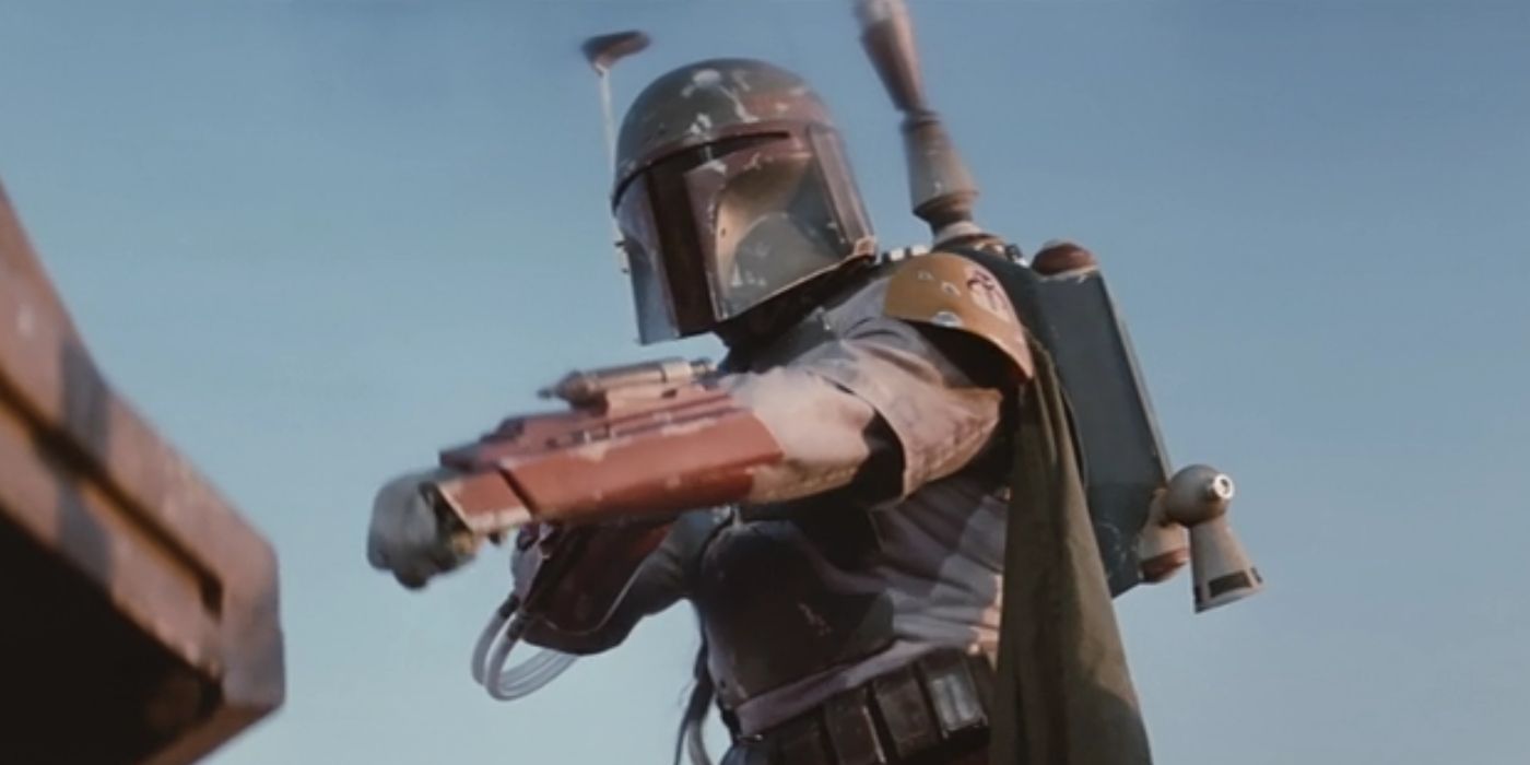Boba Fett se prepara para disparar seu canhão de braço em Star Wars: O Retorno dos Jedi
