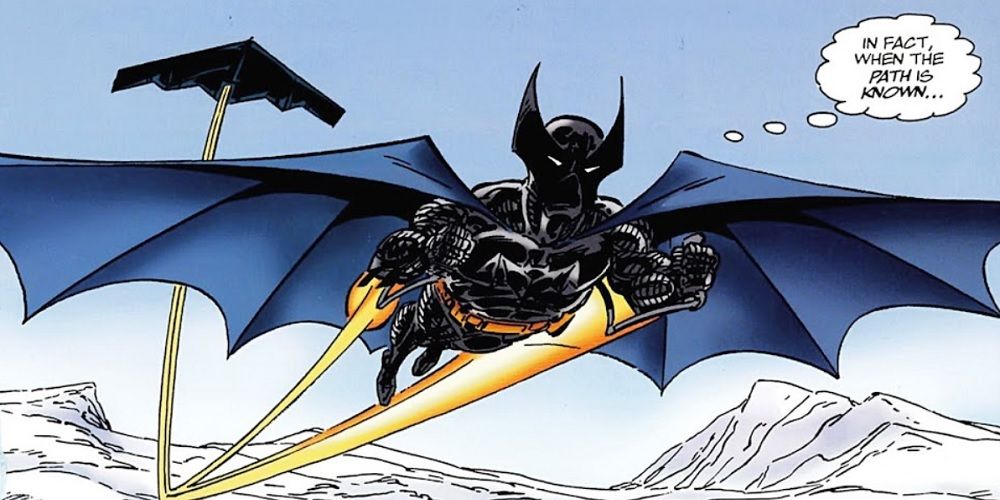 Bruce Wayne Jr Batman flying with a jet pack