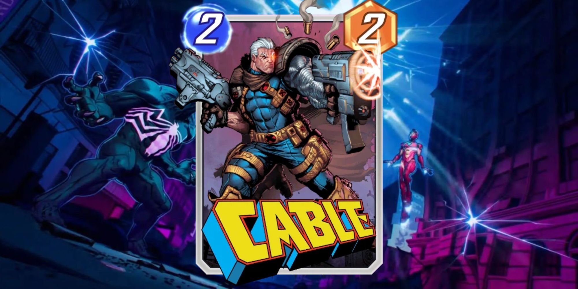 Cartão de Cable no Marvel Snap contra fundo de arte promocional