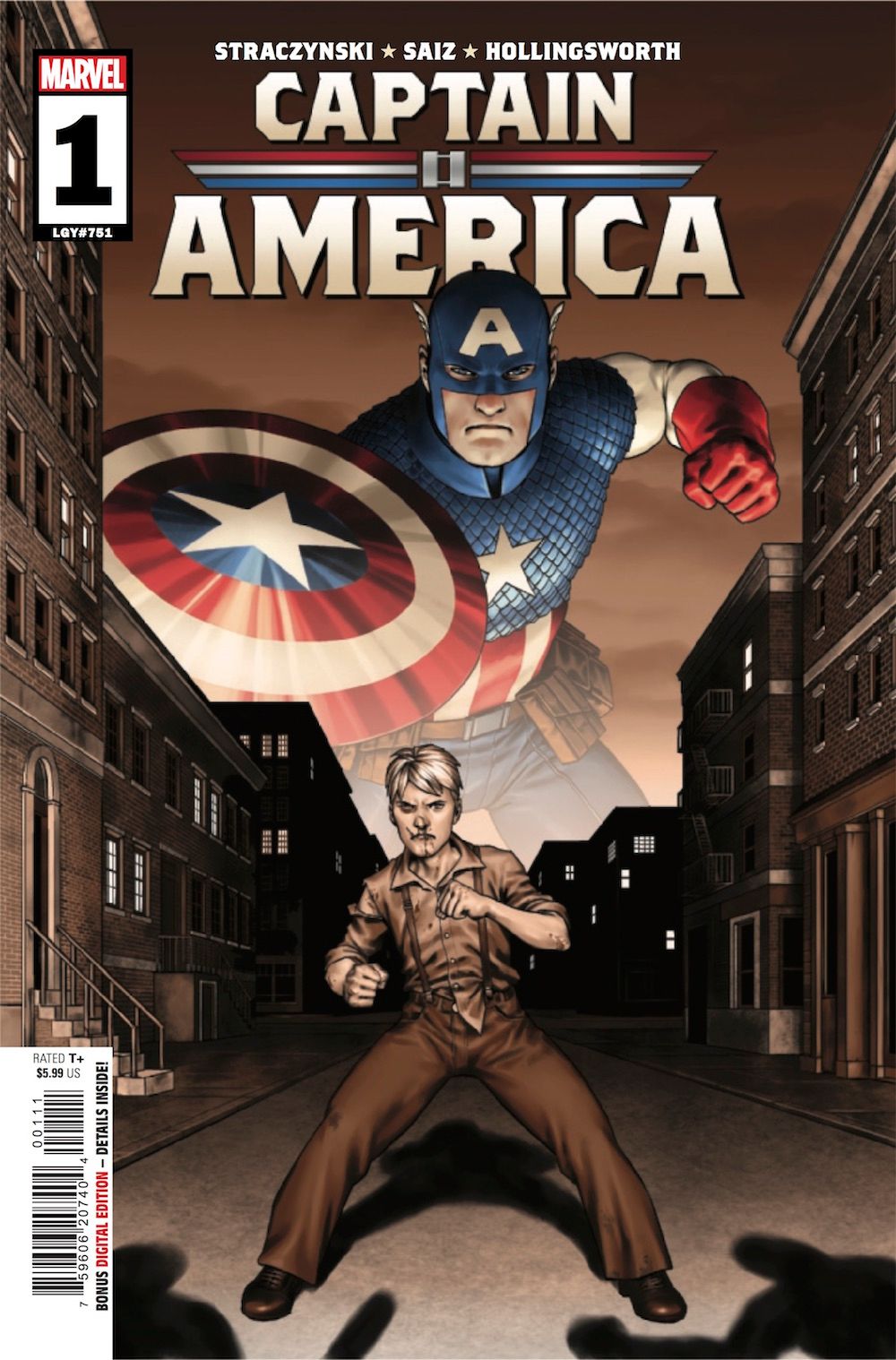 The cover of Captain America #1, a young Steve Rogers in the 1930s stands bloodied from a fight, an image of his future self in the sky in the background.