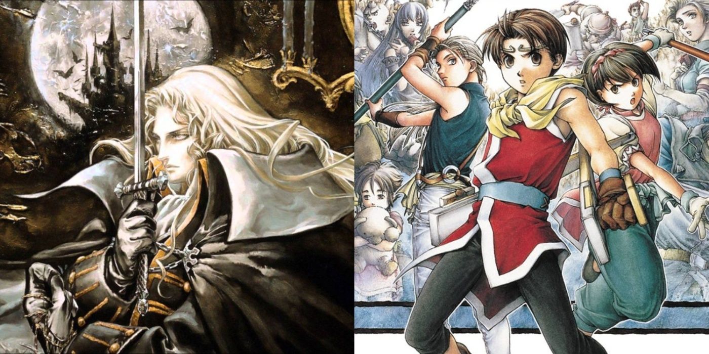 Split image of Alucard in Castlevania: Symphony of the Night key art the cast of Suikoden II.