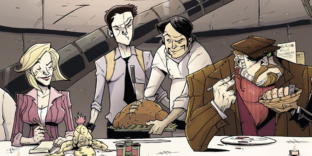 Personagens de Chew, da Image Comics, desfrutam de uma refeição juntos