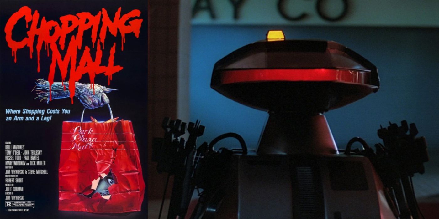 A split image of the Chopping Mall poster and a robot in Chopping Mall.