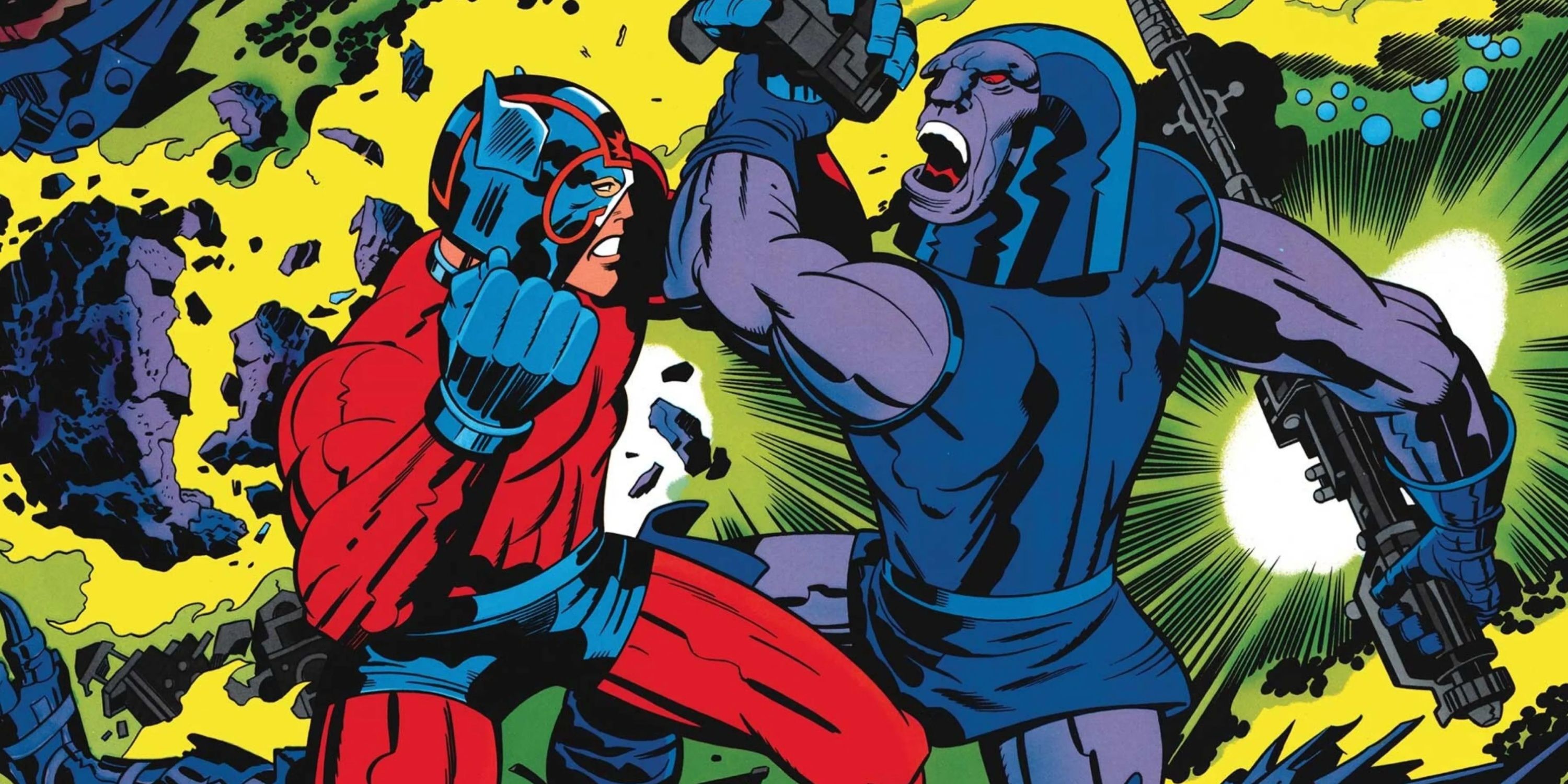 Orion and Darkseid battle amidst an explosion