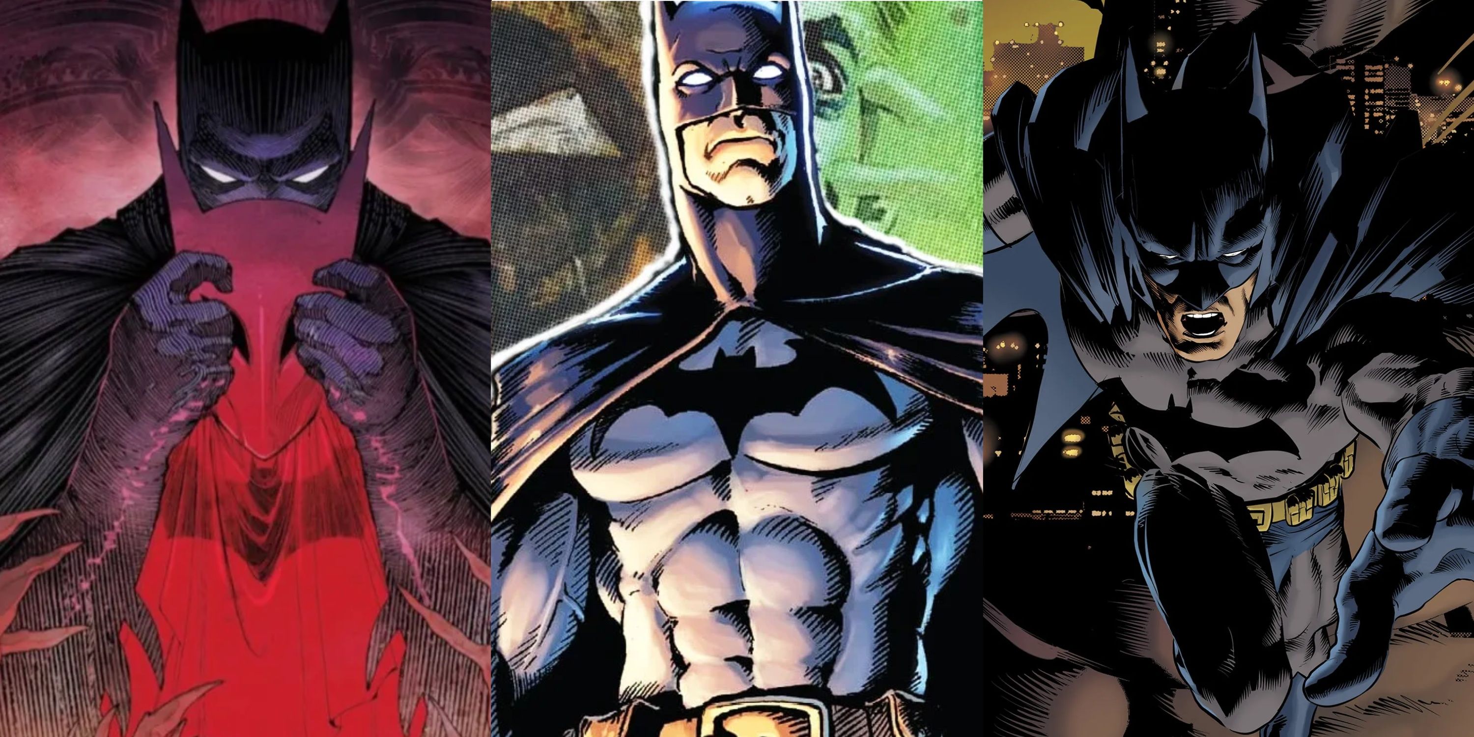Split image Batman Detective Comics, Legends of the Dark Knight, Batman running into action