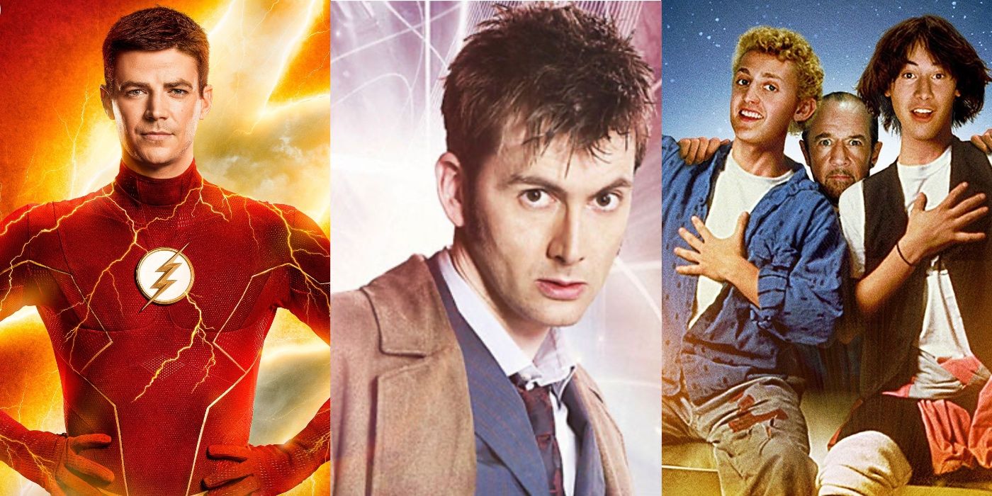 Barry Allen stands proudly in The Flash, the Tenth Doctor looks ready for action in Doctor Who, and Bill and Ted prepare to travel in time with Rufus in Bill And Ted's Excellent Adventure.