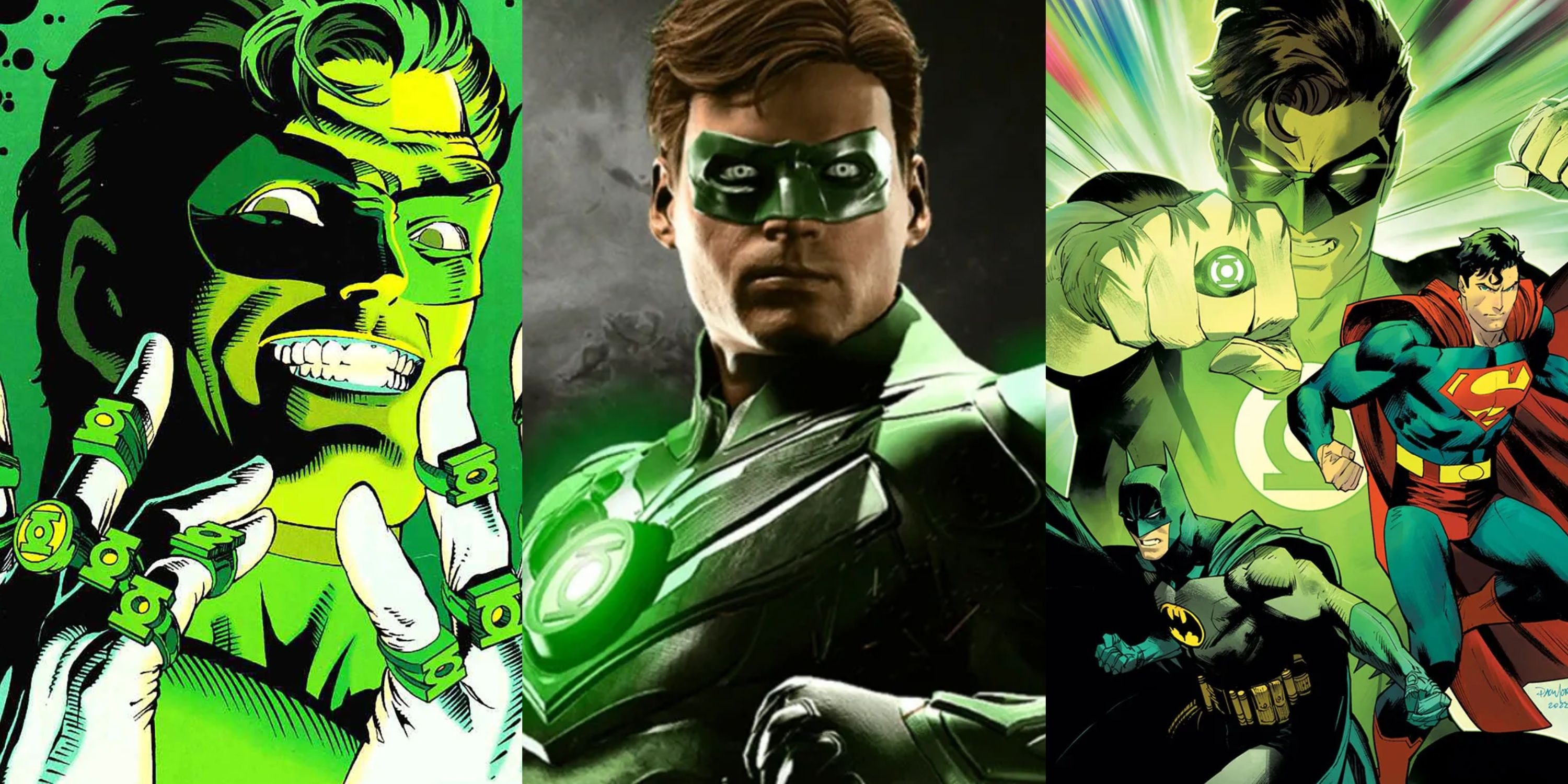 Split image Hal Jordan Emerald Twilight, Injustice Hal Jordan, Green Lantern and Worlds Finest