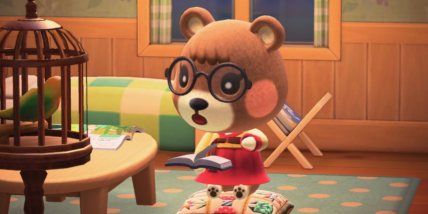 Maple looking surprised while reading in Animal Crossing New Horizons
