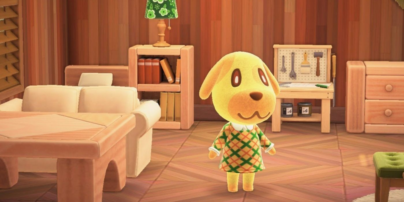 Goldie standing in a wooden house in Animal Crossing New Horizons