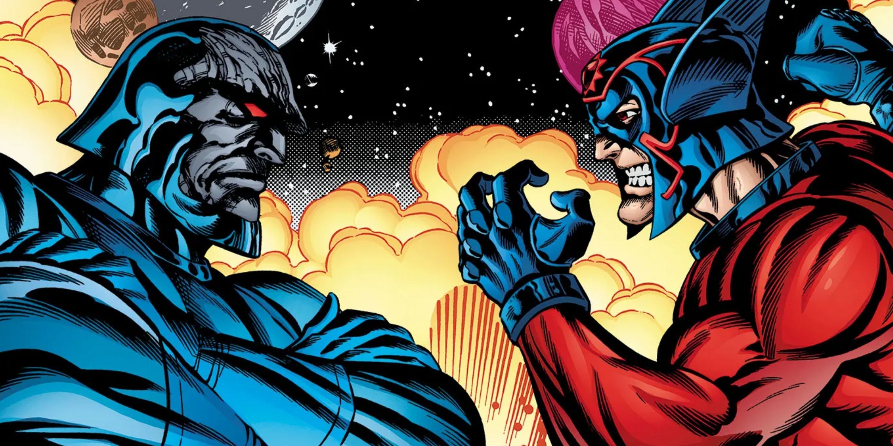 Darkseid stares down Orion as he gets ready for battle