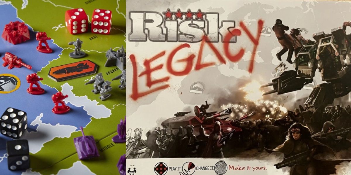 Um jogo parcialmente configurado de Risk: Legacy e a arte da caixa.