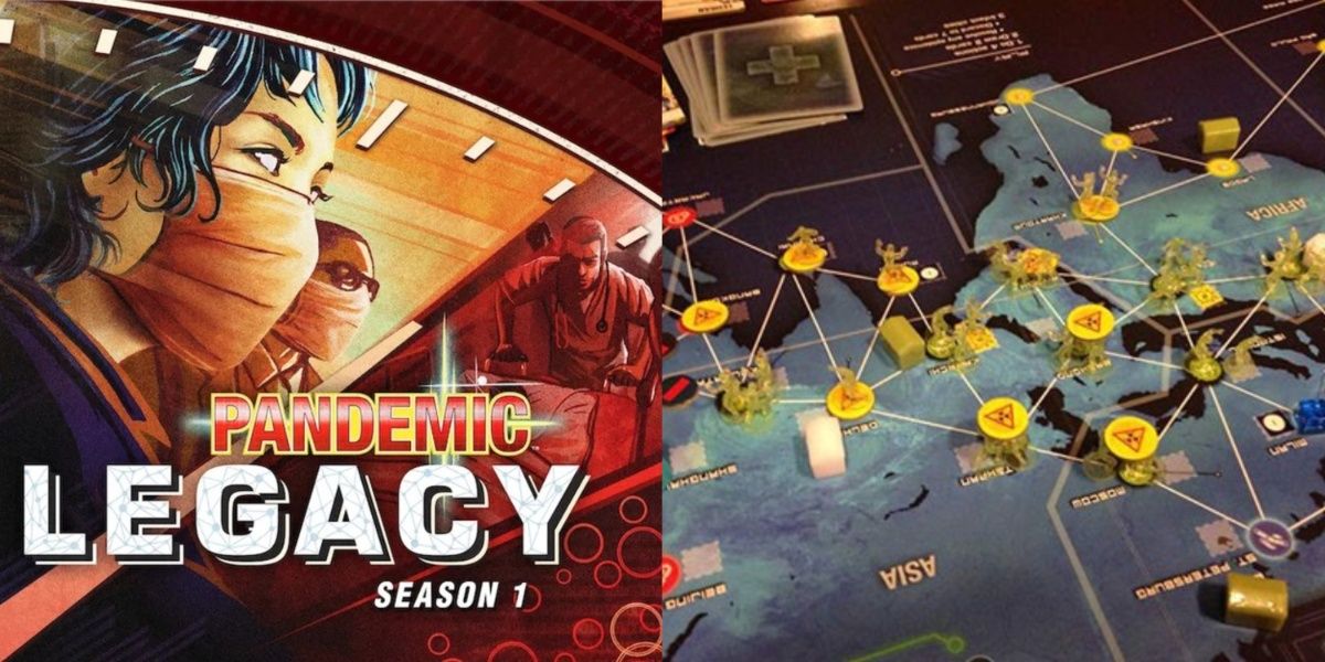 Arte da caixa da 1ª temporada do Pandemic Legacy e o jogo que está sendo jogado.
