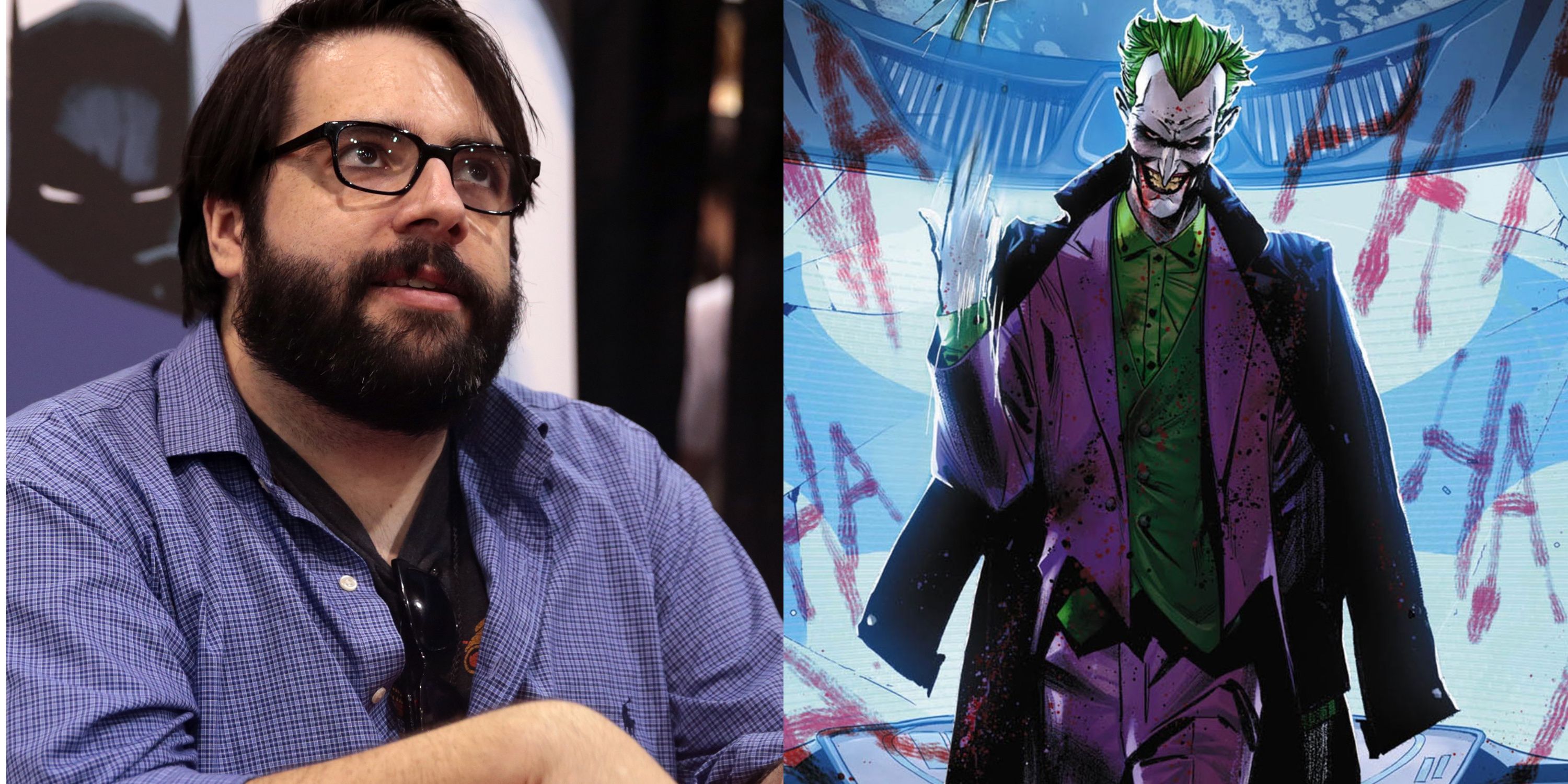 Uma imagem dividida de James Tynion IV e Joker da Guerra do Coringa