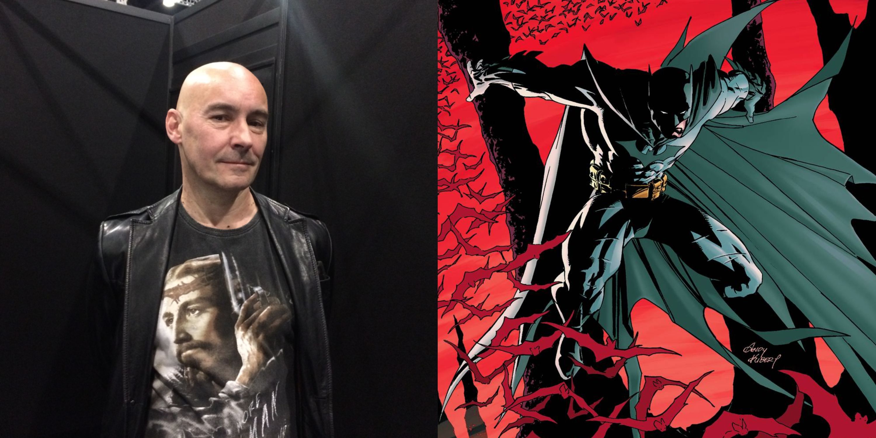 Uma imagem dividida de Grant Morrison e Batman na DC Comics