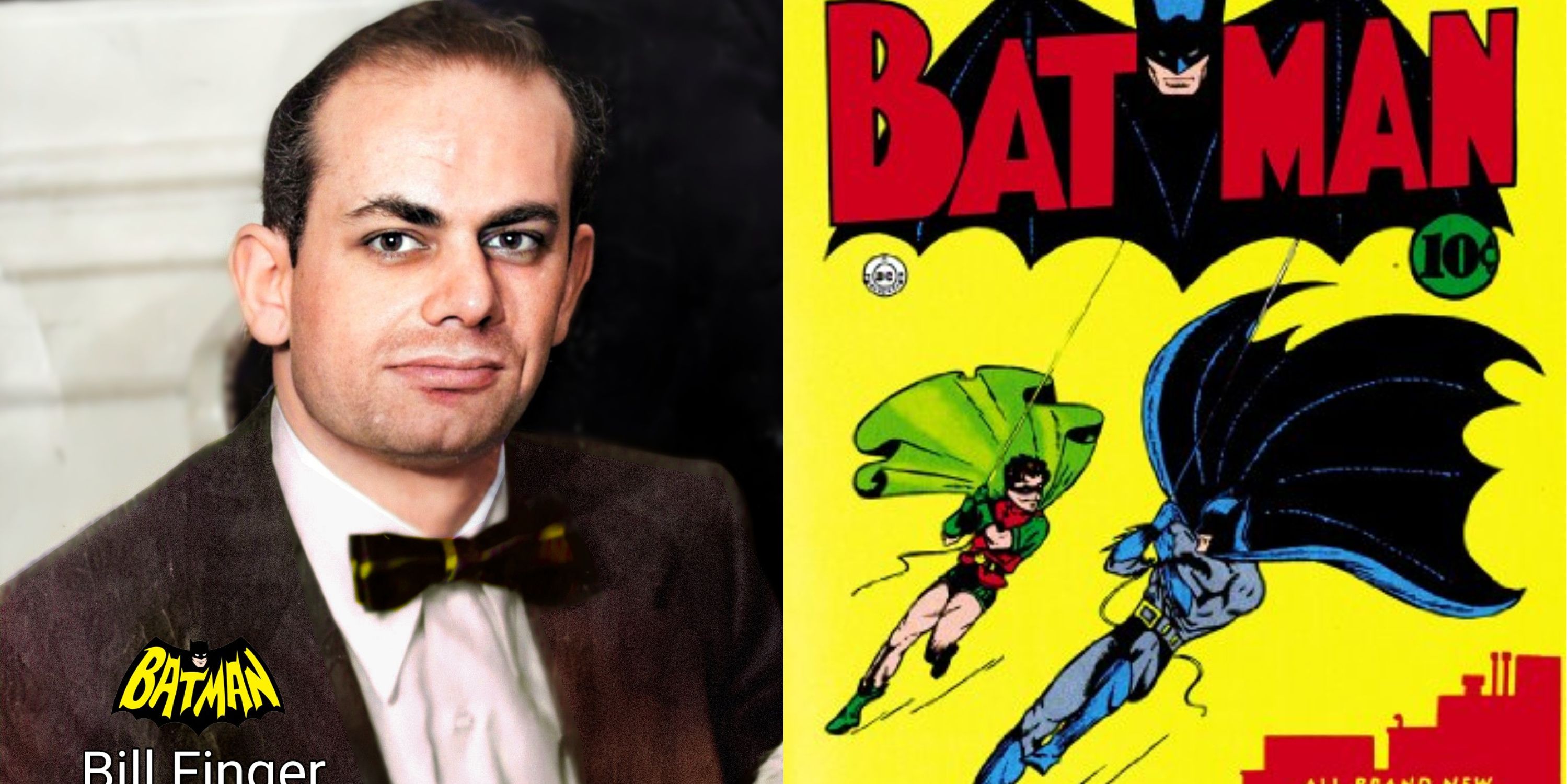 Uma imagem dividida de Bill Finger e Batman e Robin na Golden Age DC Comics