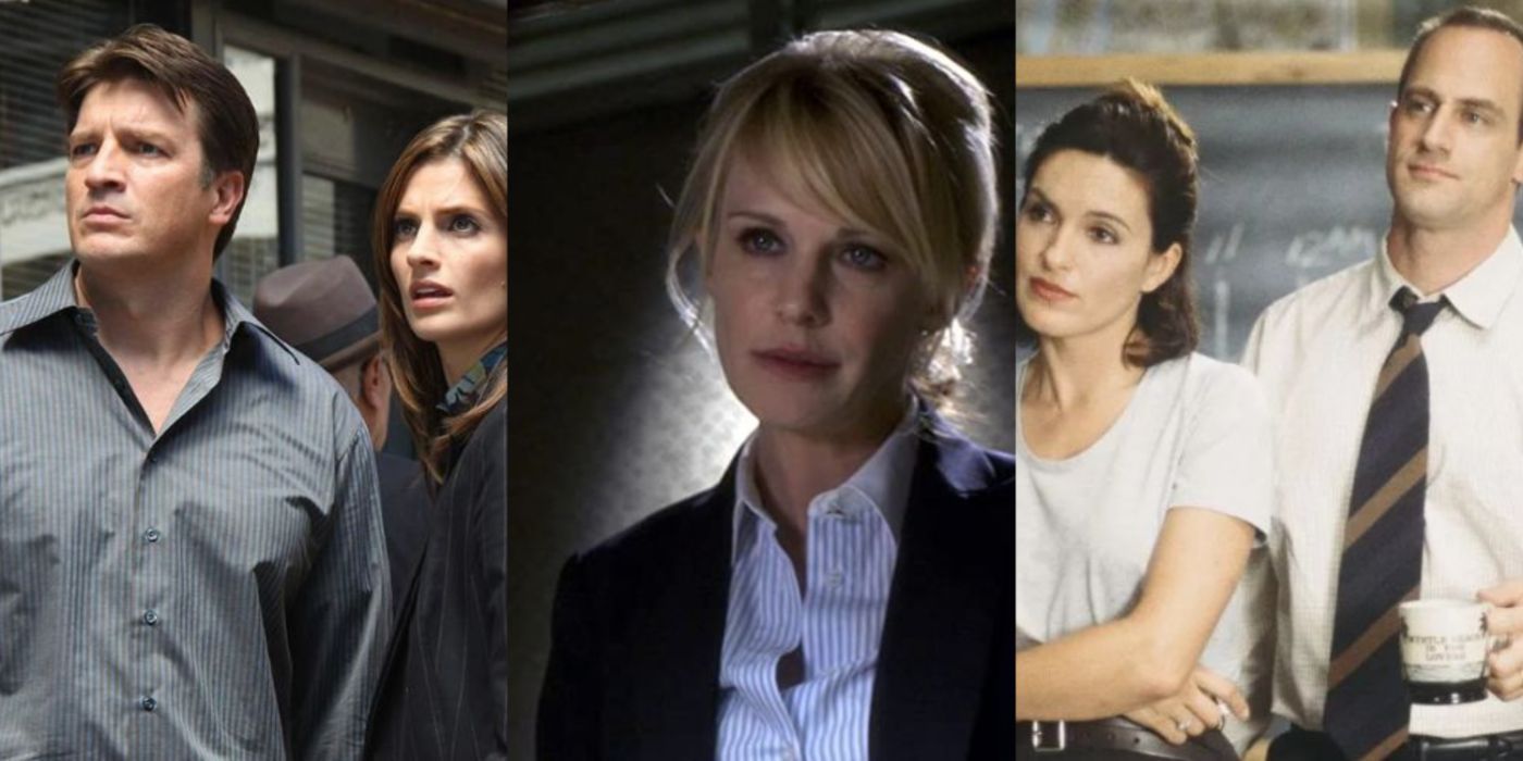 Nathan Fillion and Stana Katic as Richard Castle and Det. Kate Beckett in Castle, Kathryn Morris as Det. Lilly Rush in Cold Case, and Mariska Hargitay and Chris Meloni as Cap. Olivia Benson and Det. Elliot Stabler 