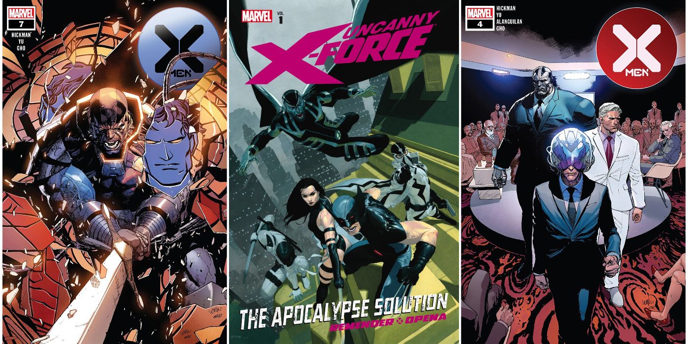 A split image of X-Men (Vol. 5) #7, Uncanny X-Force: The Apocalypse Solution, and X-Men (Vol. 5) #4