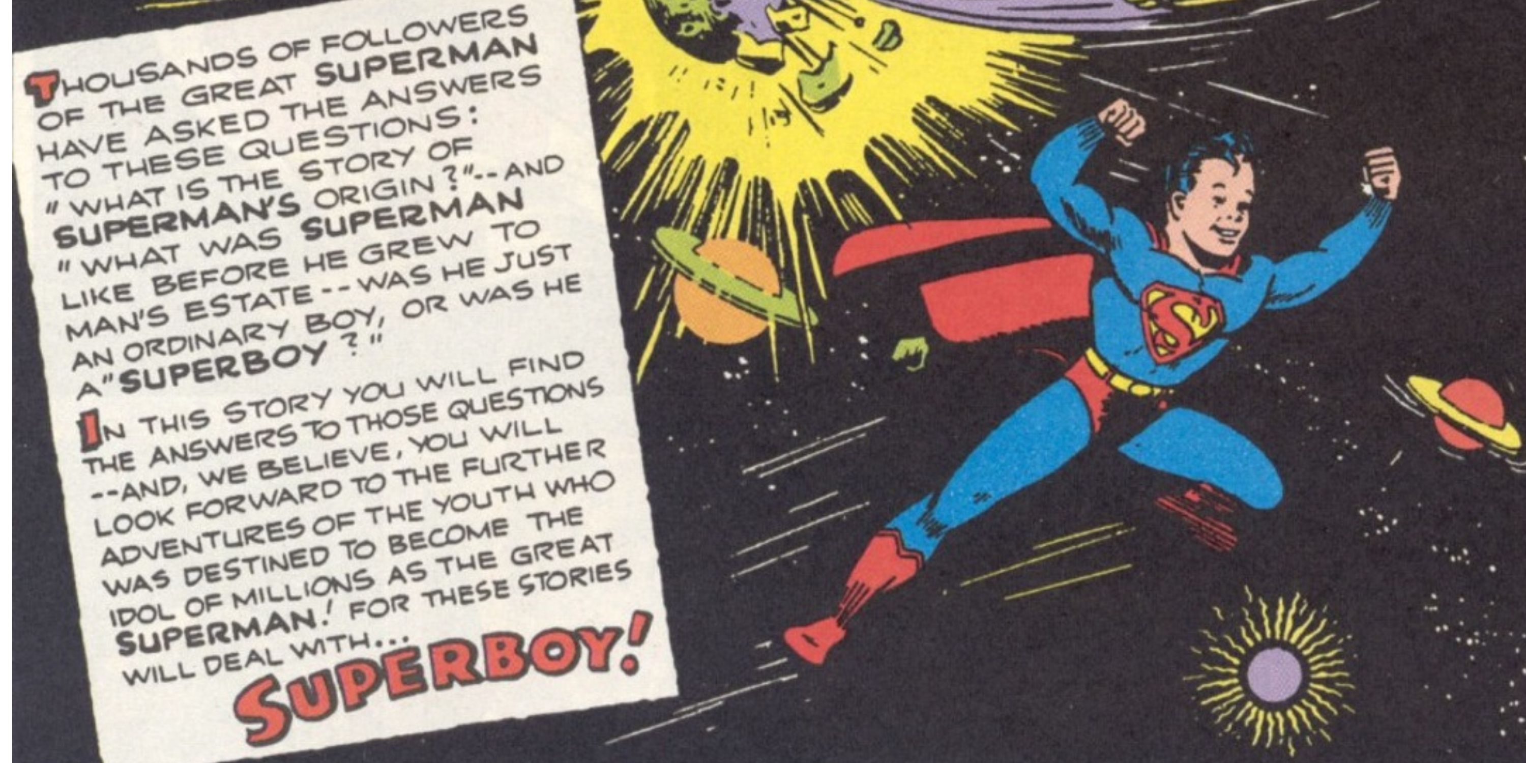 Superboy com um foguete e Krypton ao fundo com um pergaminho ao lado dele