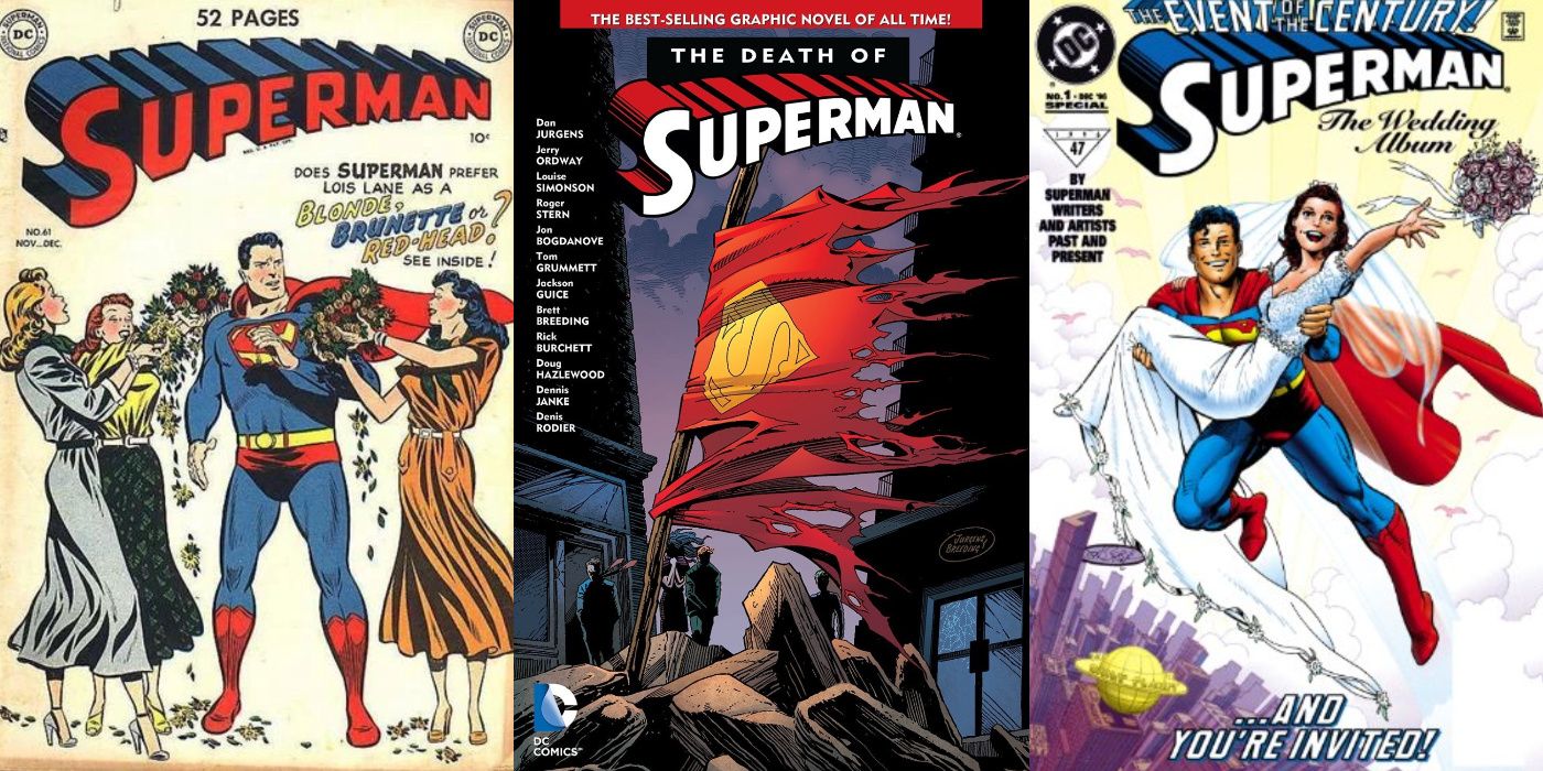 A split image of Superman (Vol. 1) #61, The Death Of Superman, and Superman: The Wedding Album