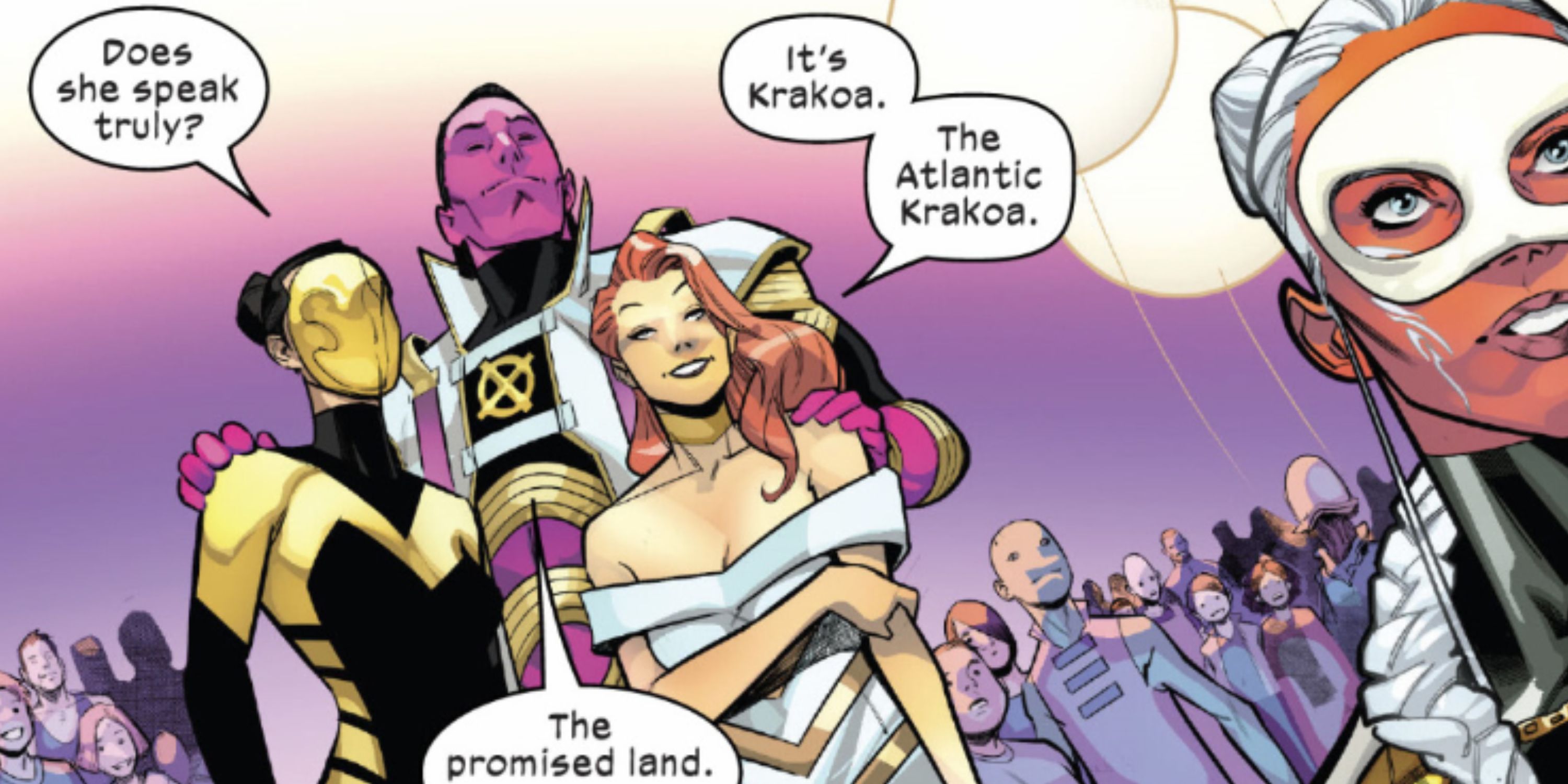 Exodus, Hope, Destiny e Mother Righteous olham para Atlantic Krakoa na Marvel Comics