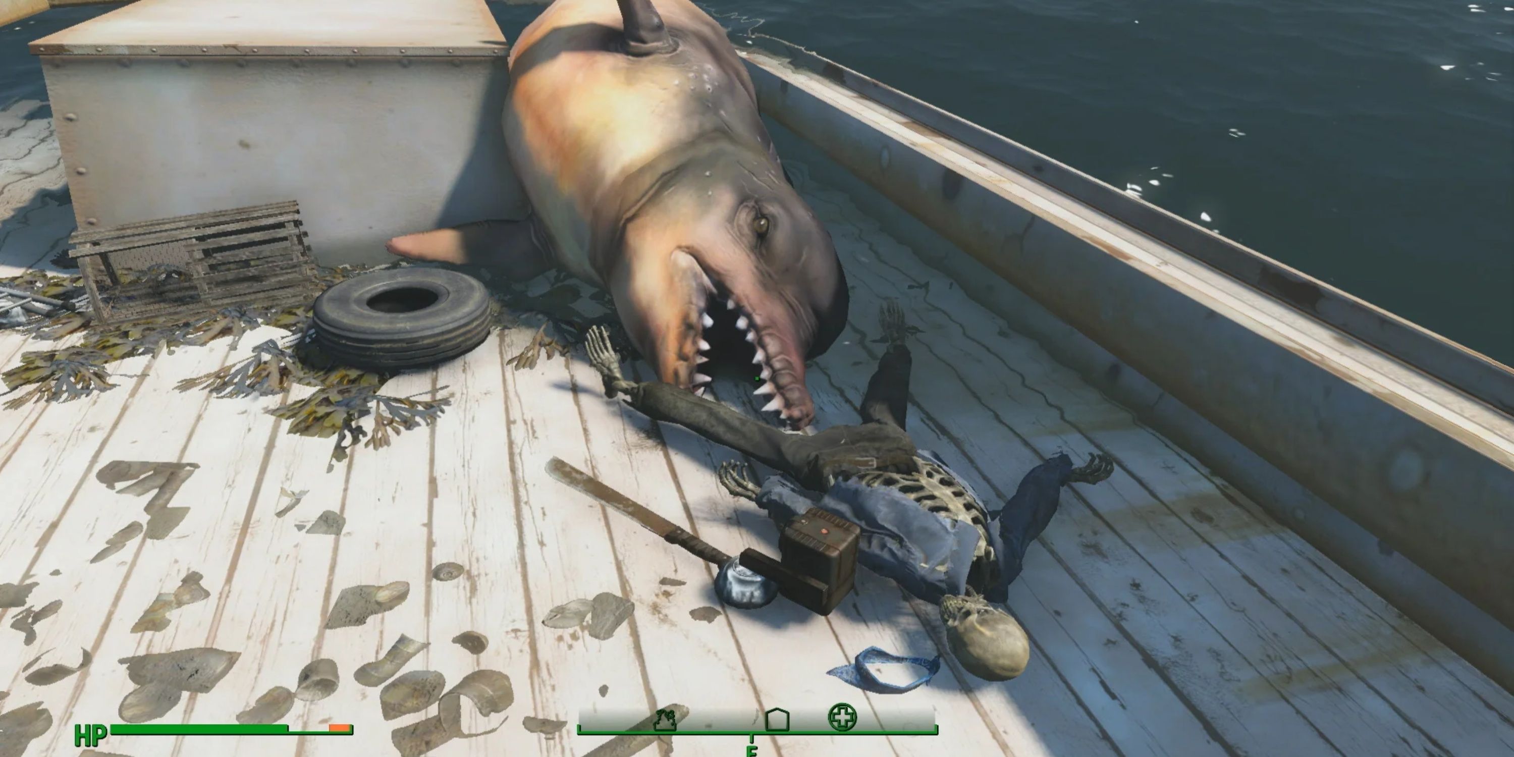 Um ovo de Páscoa com o tema Tubarão encontrado fora da estação Oberland do Fallout 4