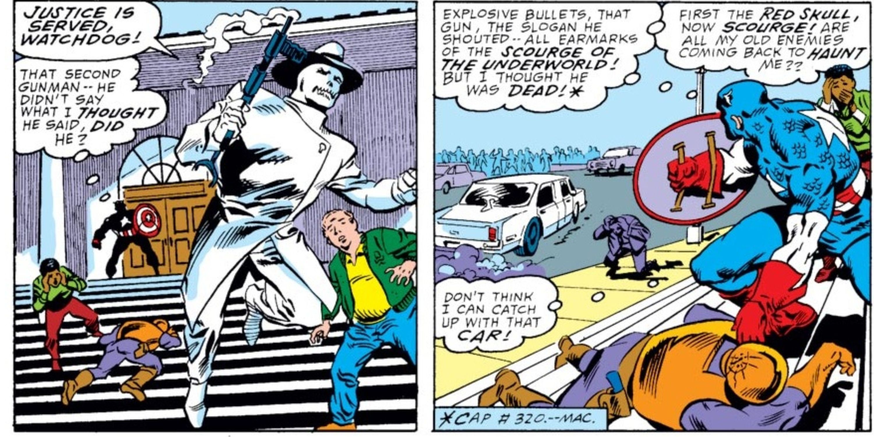 O Flagelo perseguido pelo Capitão Americano na Marvel Comics