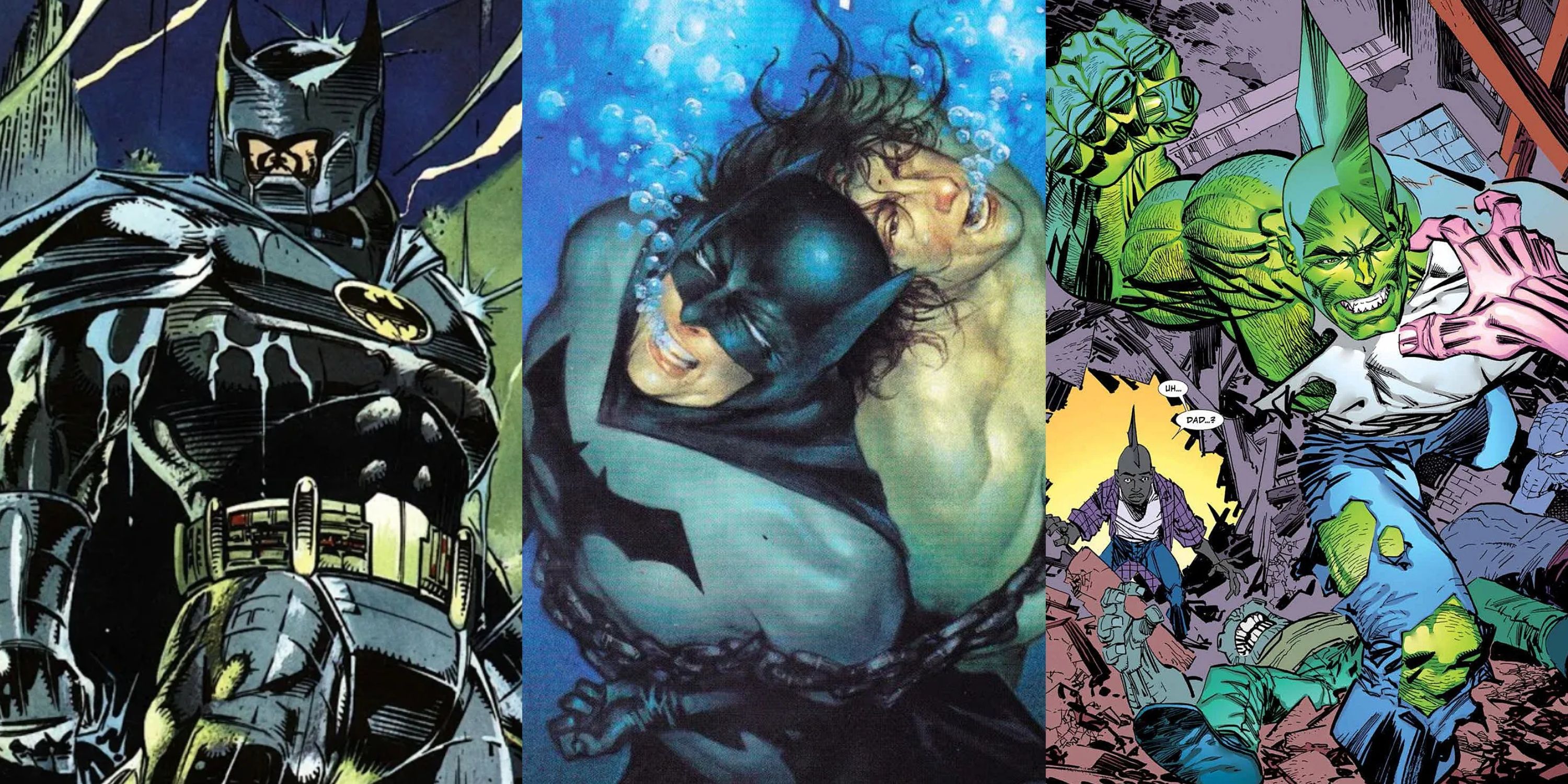 Split image Batman in armor, Batman and Tarzan, Savage Dragon