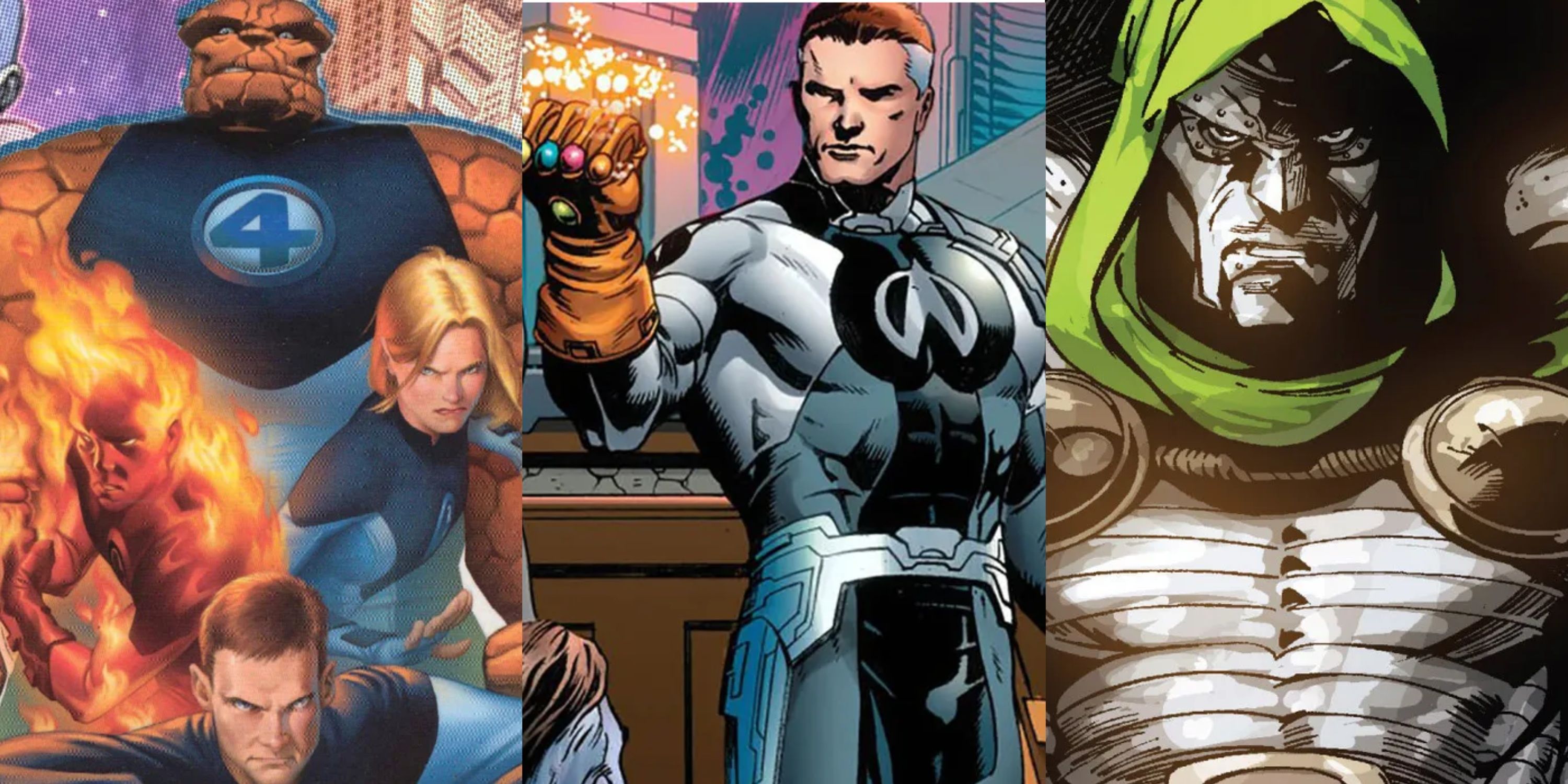 Split image Fantastic Four, Reed Richards wearing Infinity Gauntlet, Doctor Doom