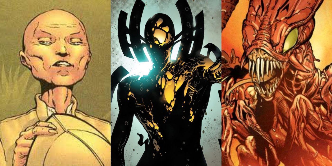 A split image of Cassandra Nova, the Phalanx, and the Brood from Marvel's X-Men comics