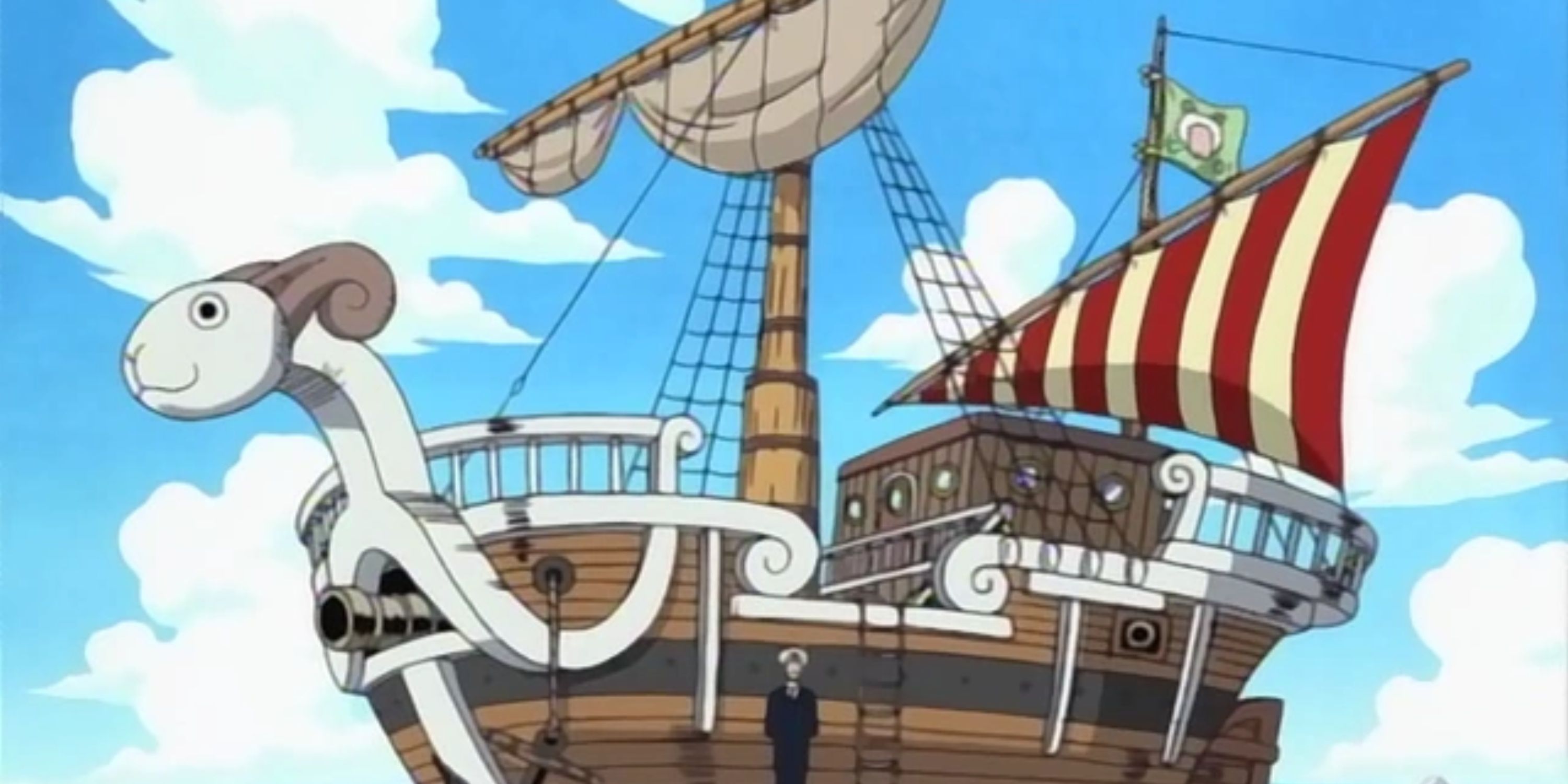Merry stands in front of the Going Merry in One Piece's Syrup Village Arc
