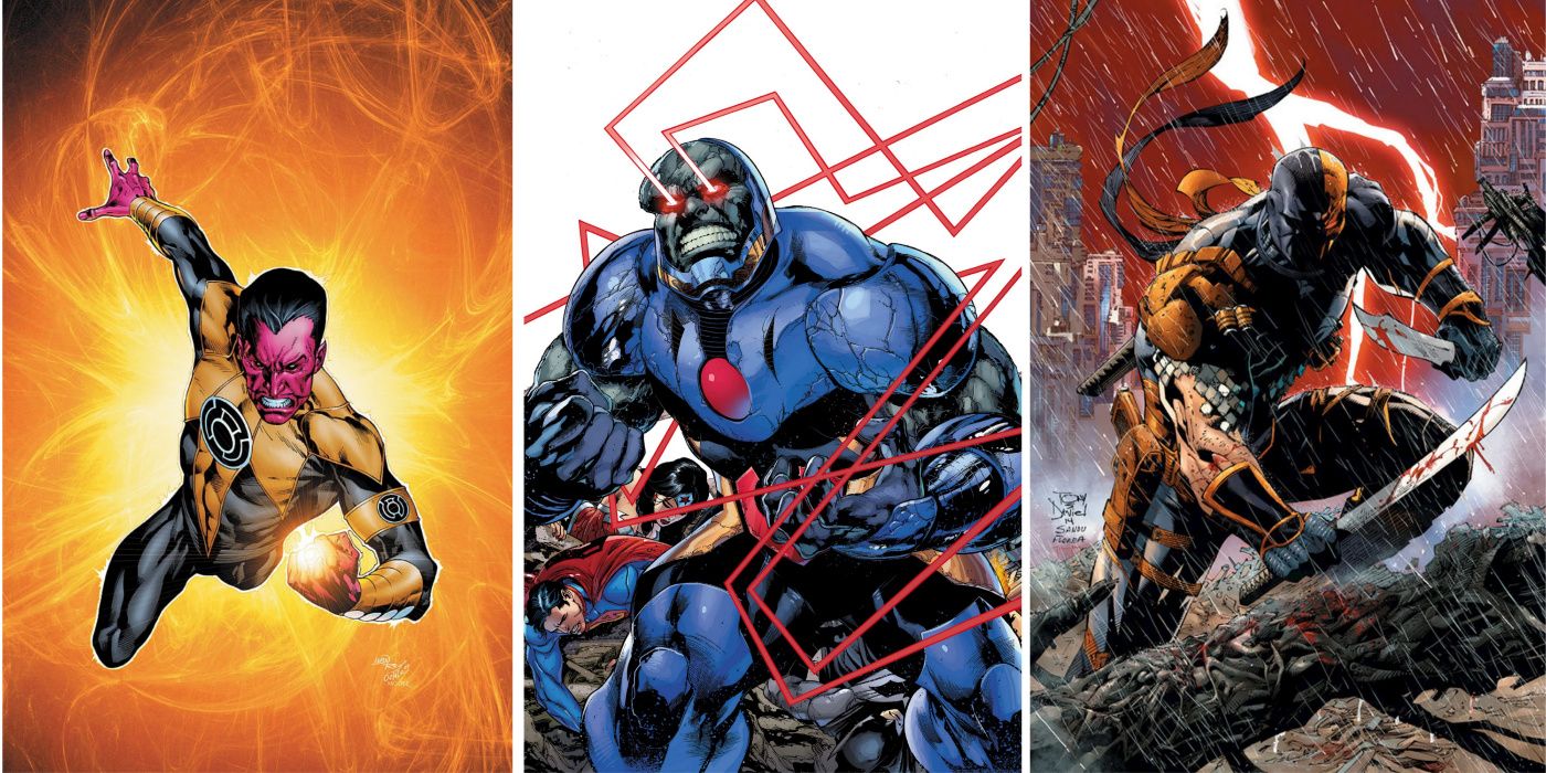 A split image of iconic villains Sinestro, Darkseid, and Deathstroke from DC Comics