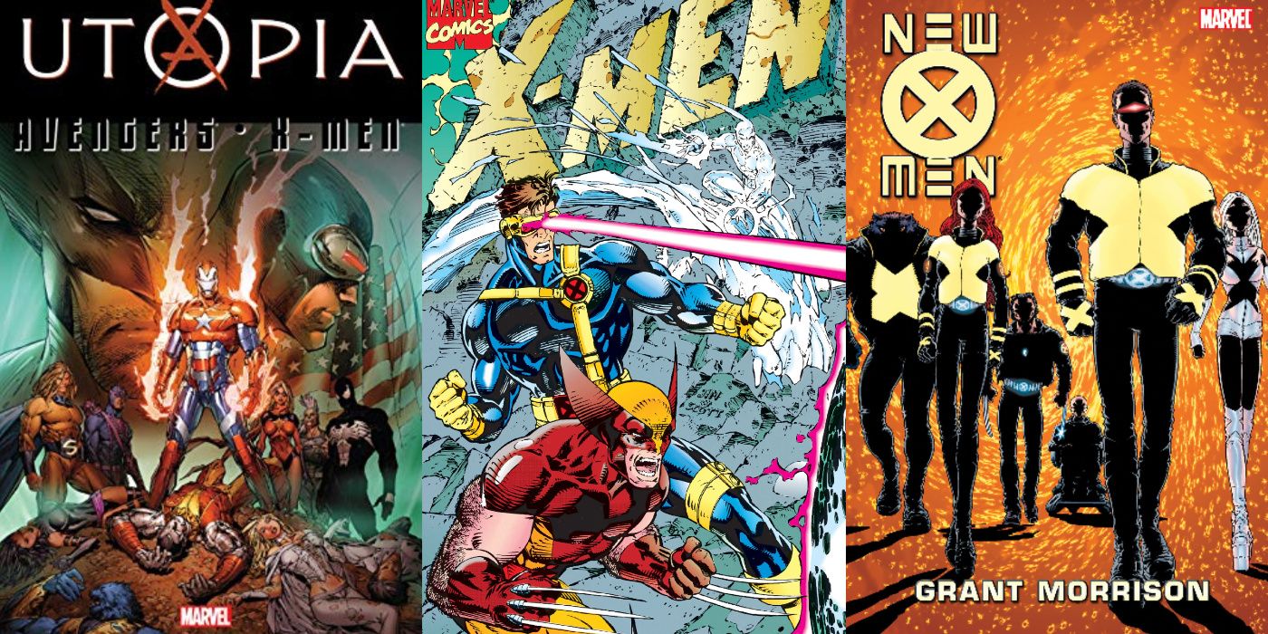A split image of X-Men/Avengers: Utopia, X-Men (Vol. 2) #1, and New X-Men: E Is For Extinction
