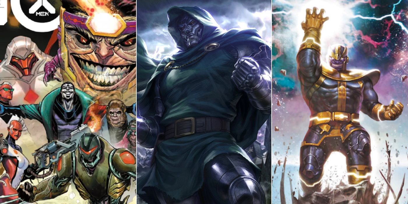 A split image of the Orchis Initiative, Doctor Doom, and Thanos