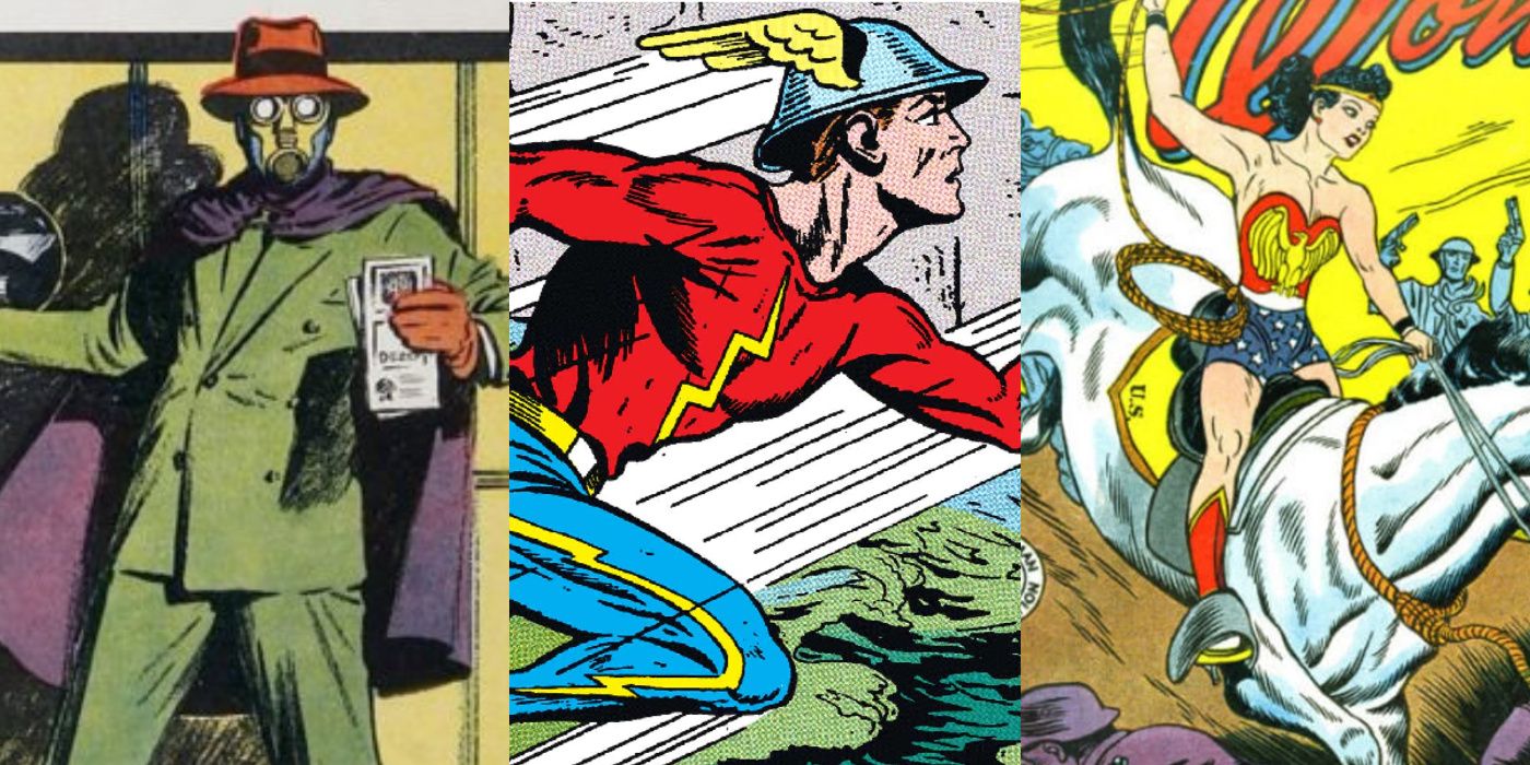 A split image of Wesley Dodds as Sandman, Jay Garrick, and Wonder Woman