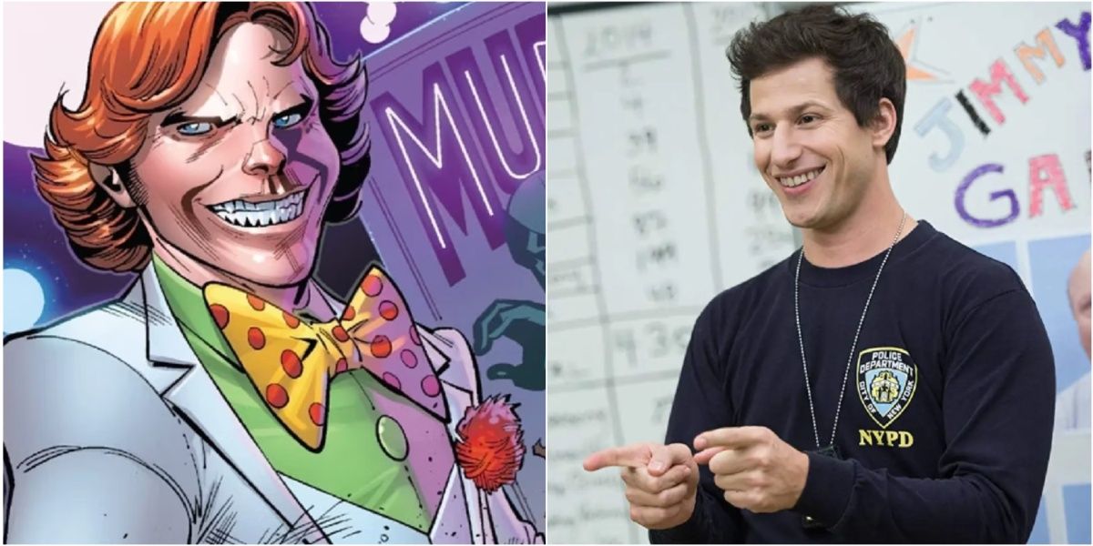 Split panel showing Arcade from X-Men and Andy Samberg's Jake Peralta in Brooklyn Nine-Nine