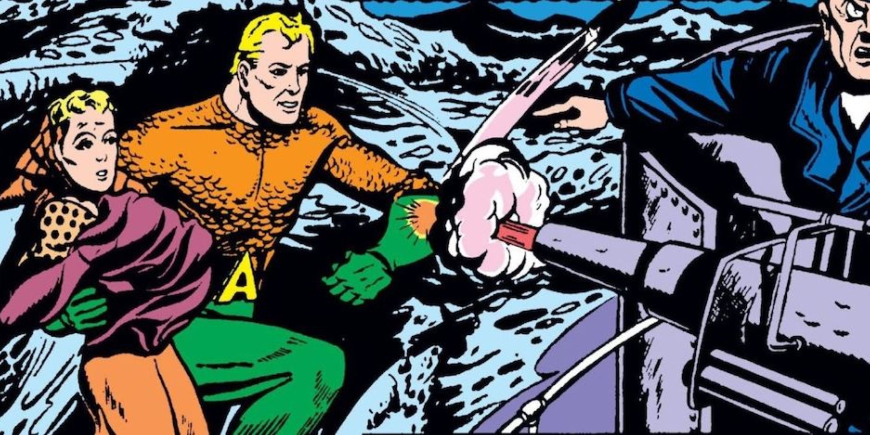 Aquaman da Era de Ouro salvando uma mulher de um nazista disparando um canhão