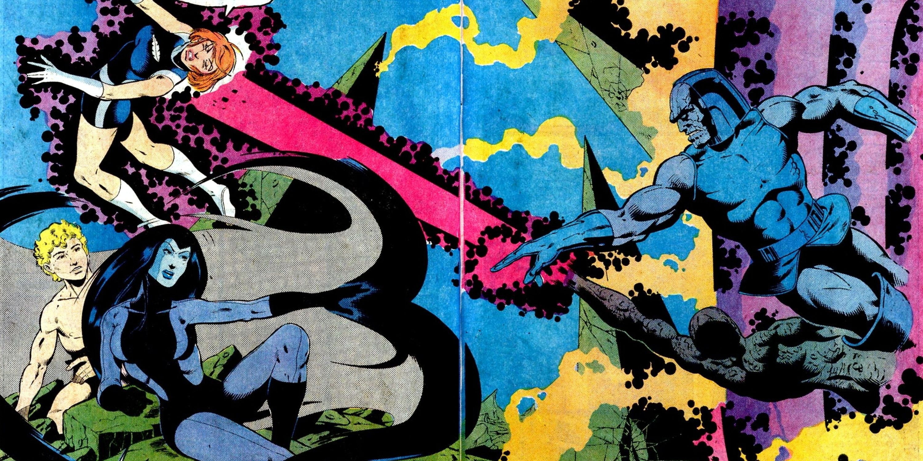 Darkseid reaching out to attack Shadow Lass in a double page spread that evokes the Sistine Chapel