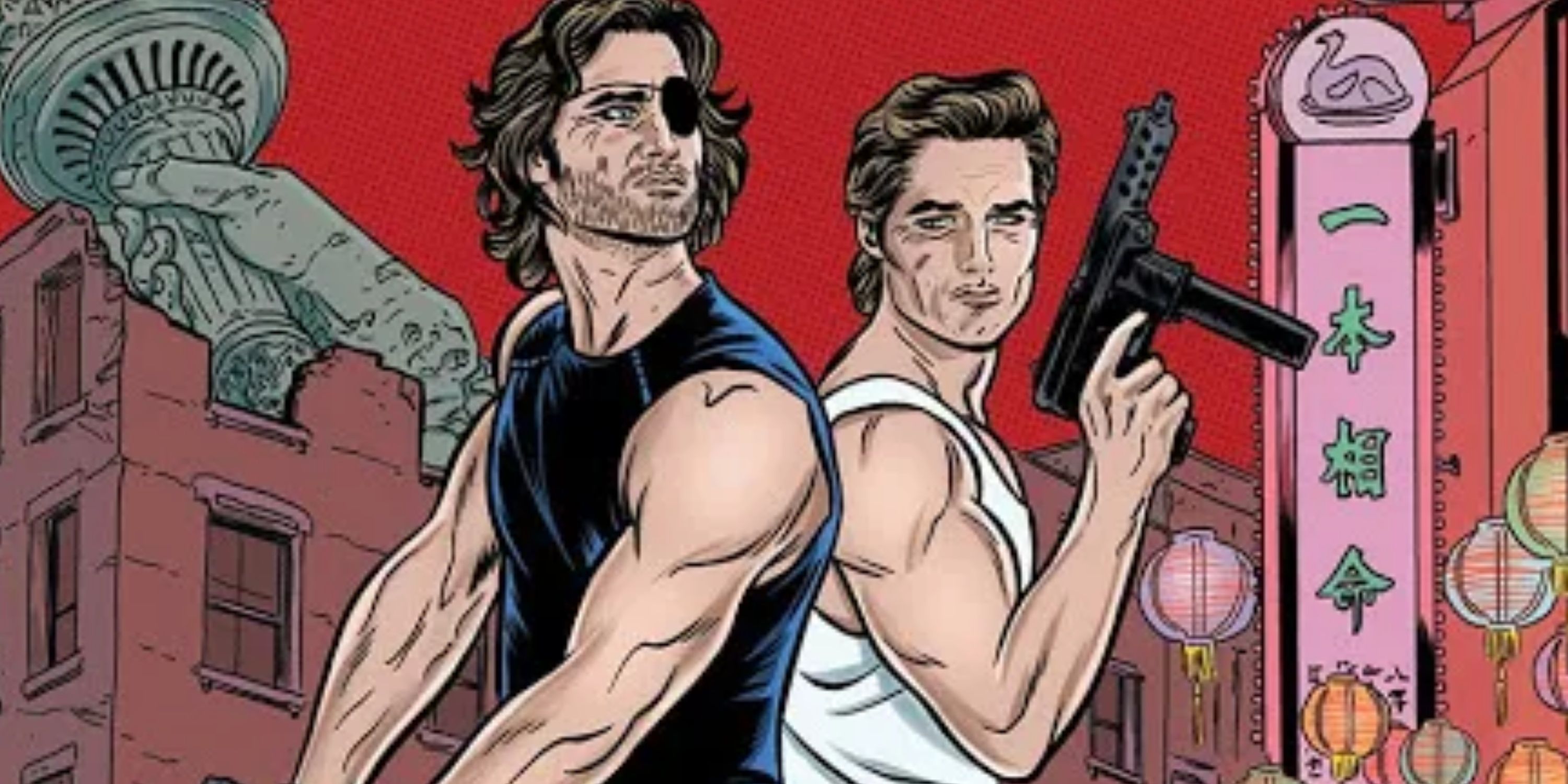 Snake Plissken and Jack Burton stand side by side in front of status of Liberty and Little China