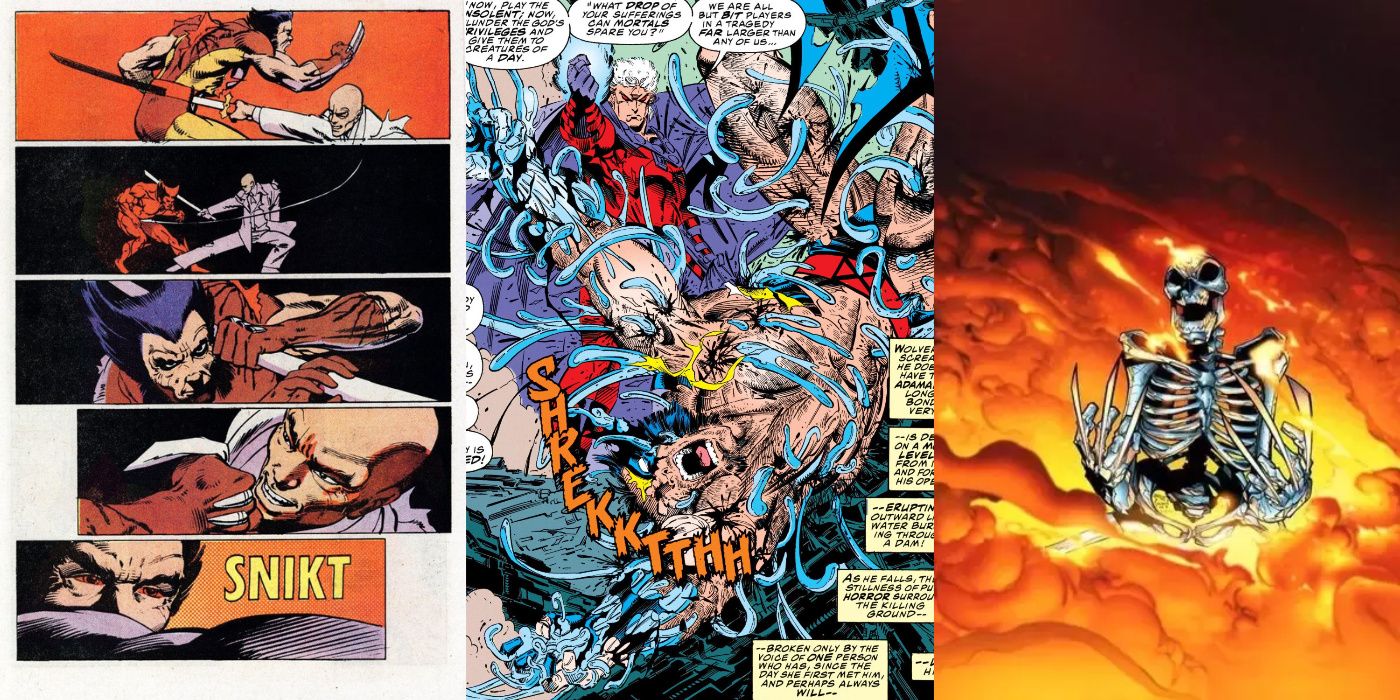 A split image of Wolverine killing Shingen, Magneto ripping out Wolverine's adamantium, and Wolverine with all of his flesh burnt off and his adamantium skeleton showing