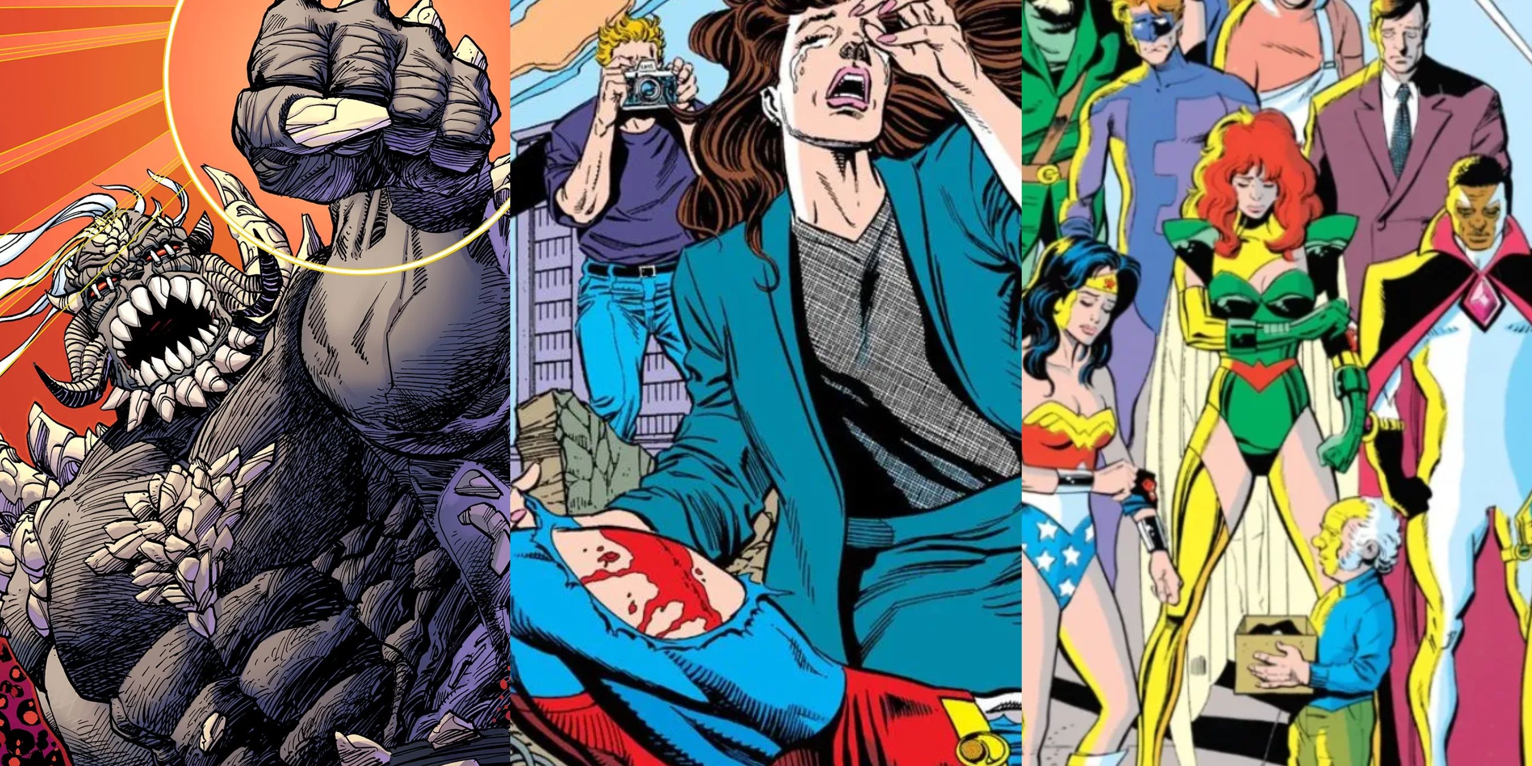 Split image Doomsday, Lois Lane in tears Death of Superman, Justice League