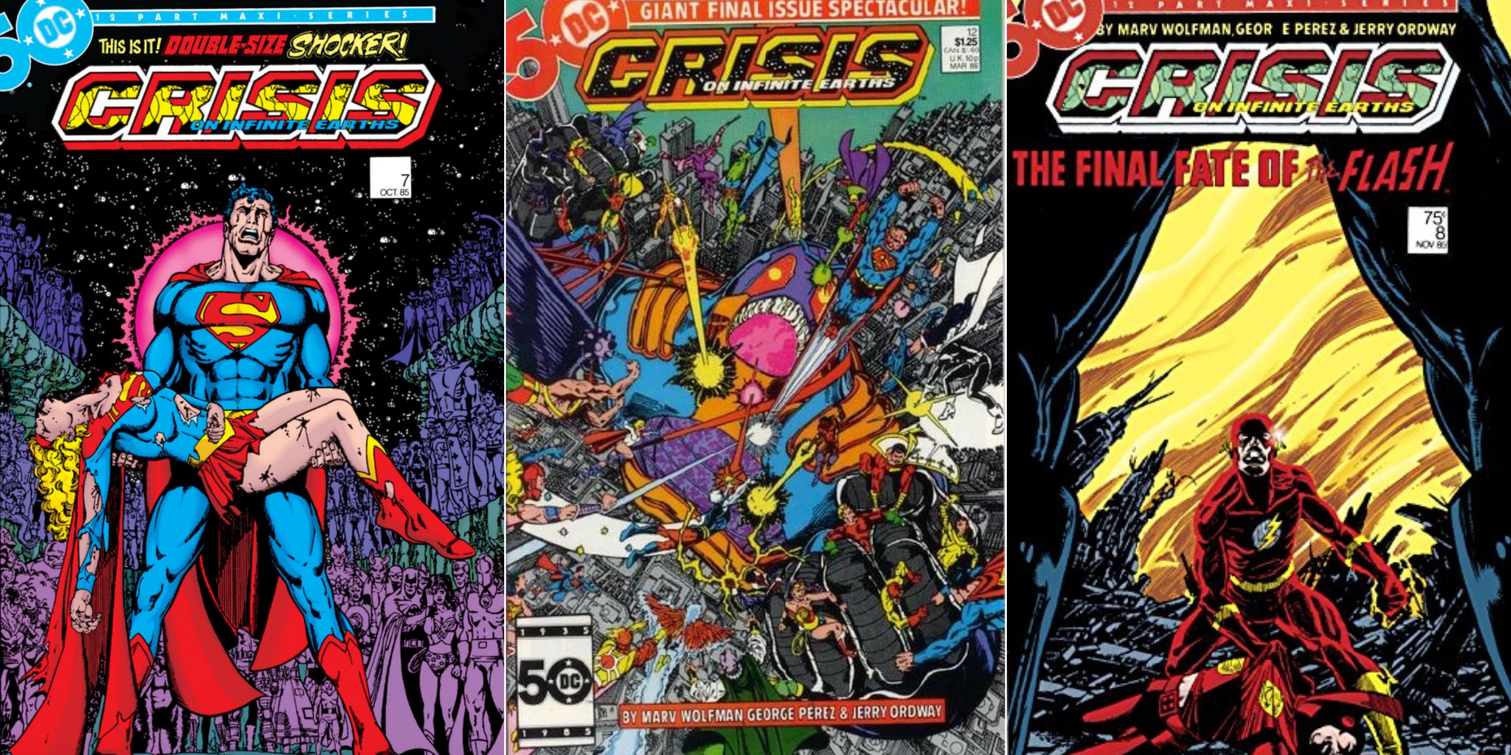 Uma imagem dividida das capas de Crisis On Infinite Earths #7, #12 e #8
