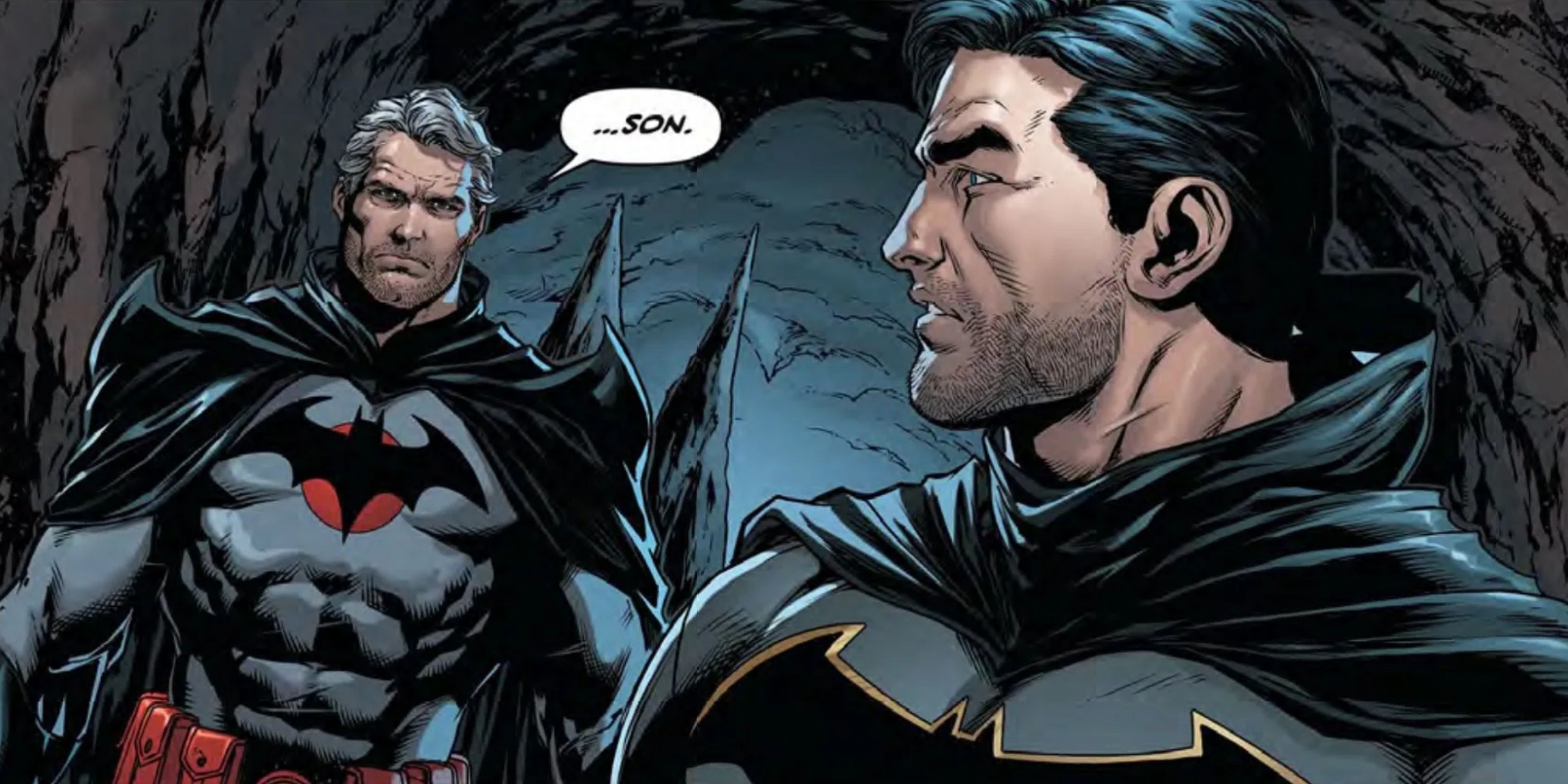 Bruce Wayne Batman olha para Thomas Wayne Flashpoint Batman