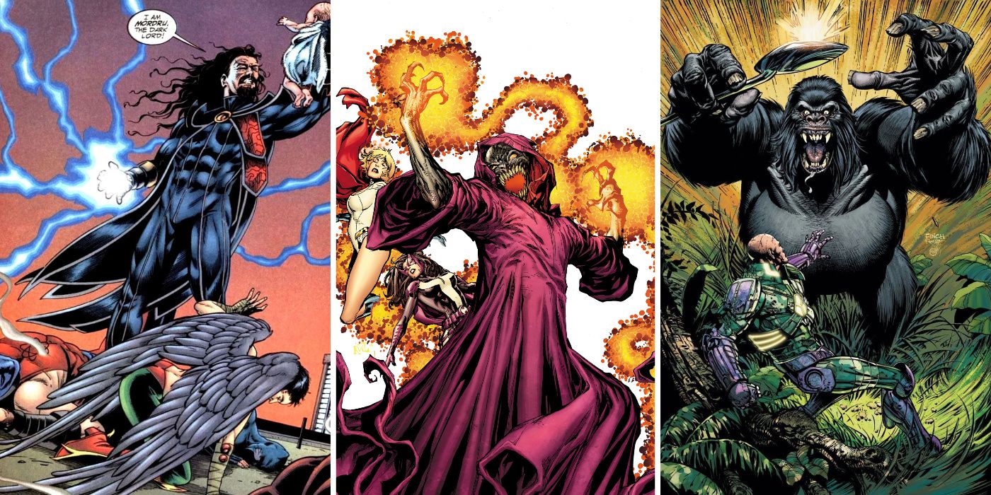 A split image of Mordru, DeSaad, and Gorilla Grodd in DC Comics